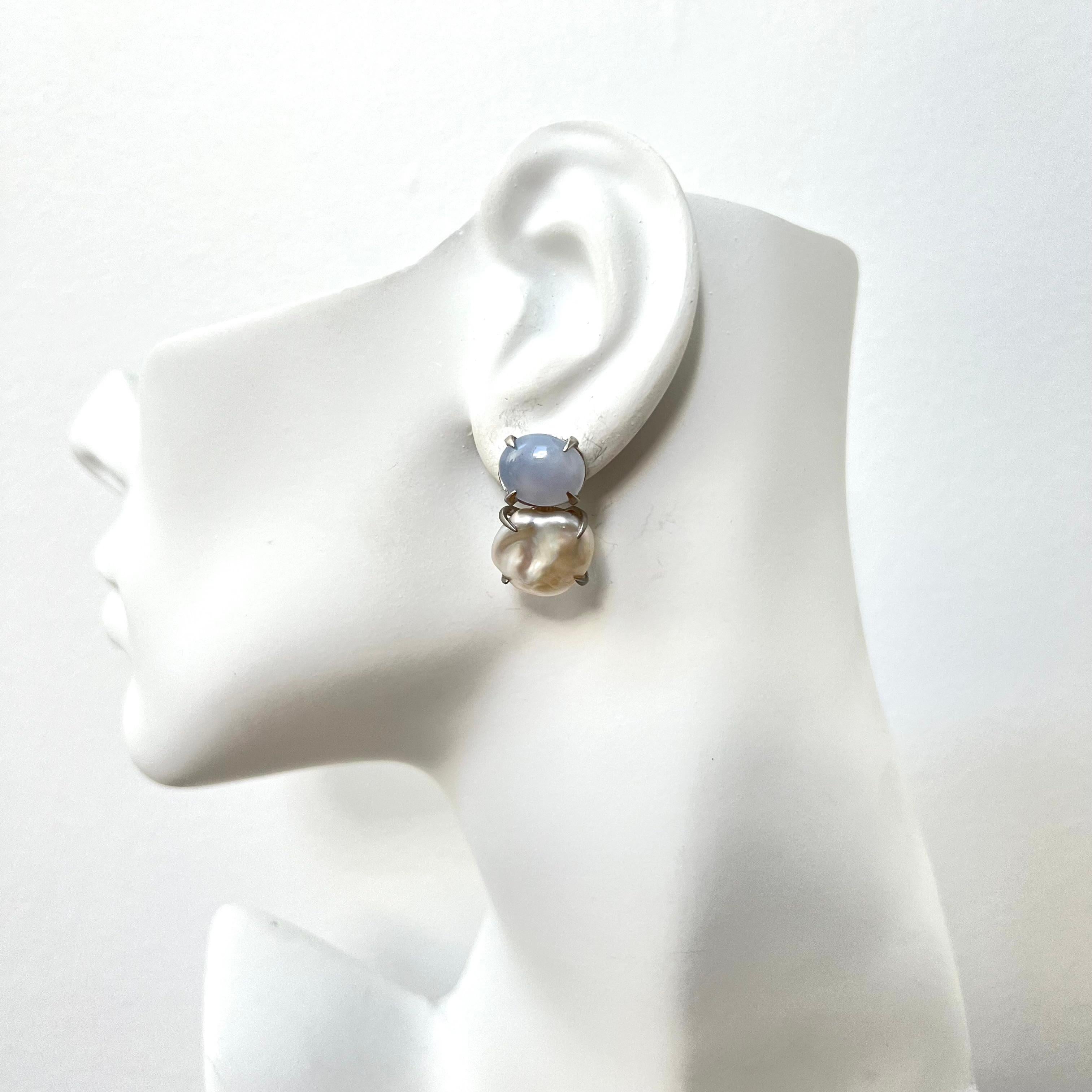 Bijoux Num Cabochon Chalcedony and Keishi Pearl Earrings In New Condition In Los Angeles, CA