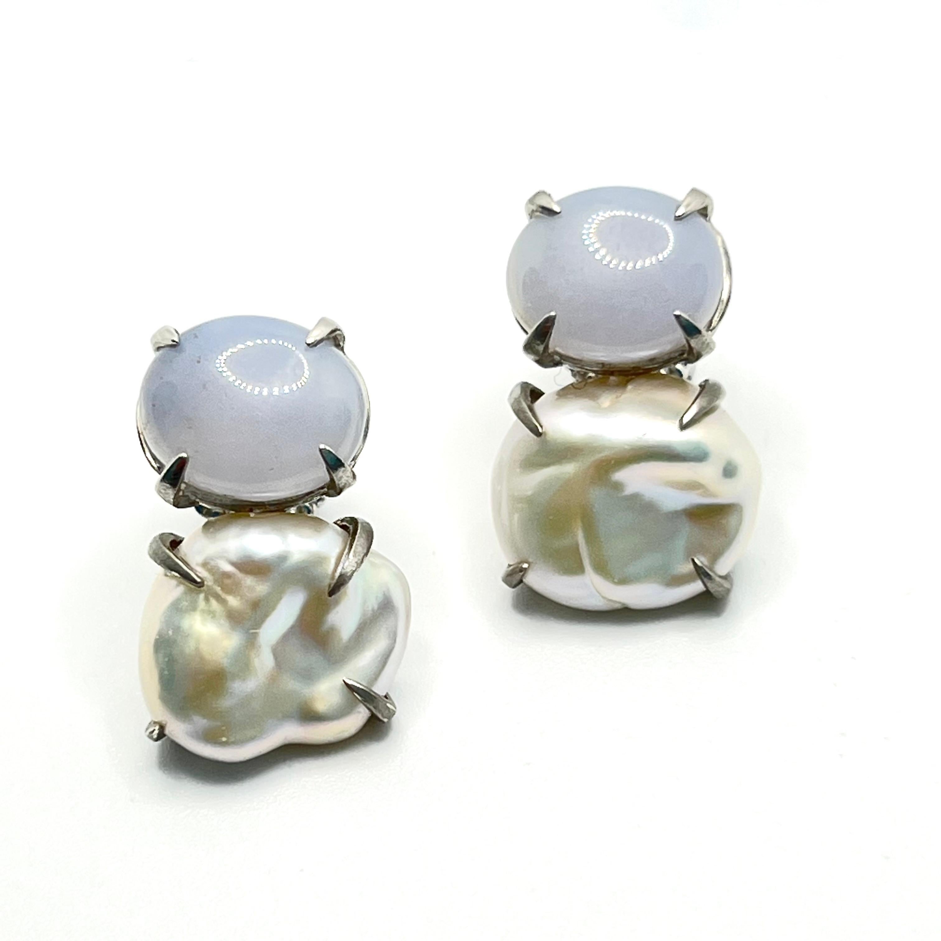 Bijoux Num Cabochon Chalcedony and Keishi Pearl Earrings 2