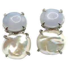 Bijoux Num Cabochon Chalcedony and Keishi Pearl Earrings