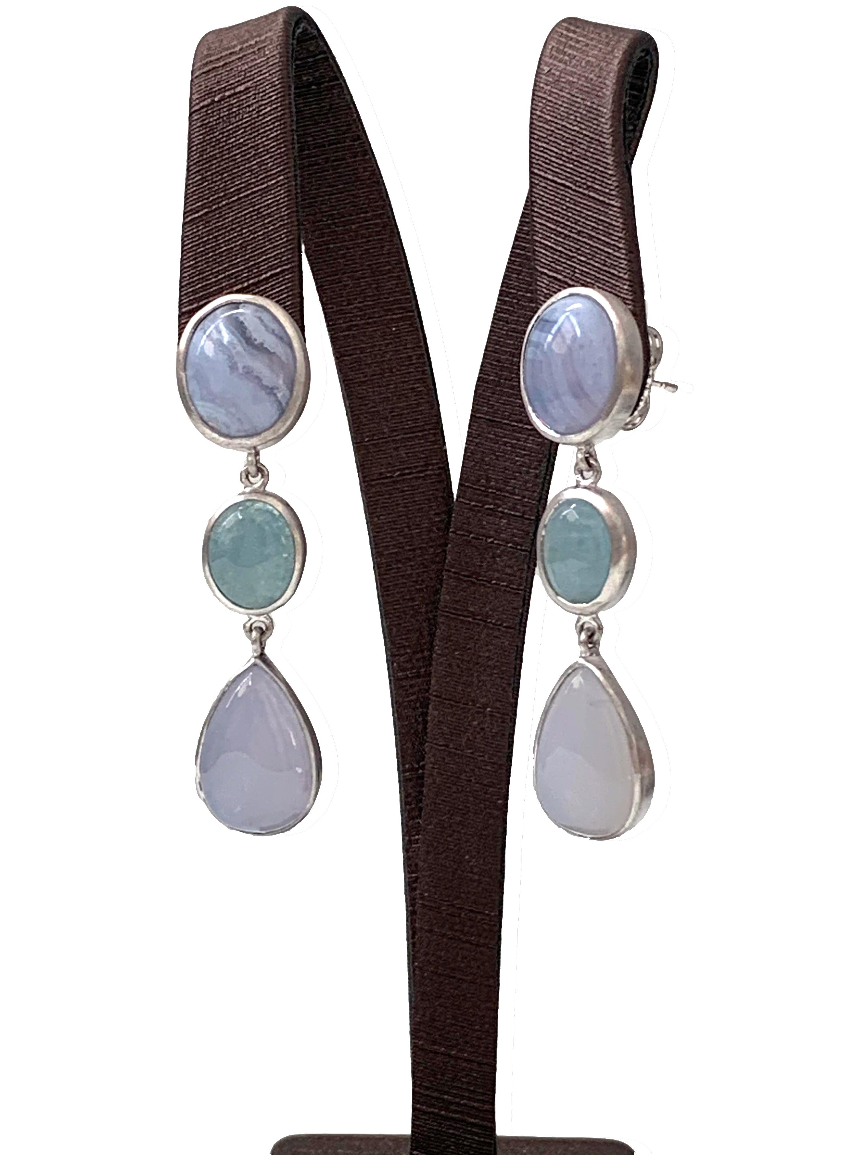 Triple Cabochon Chalcedony and Aquamarine Dangle Sterling Silver Earrings For Sale 1
