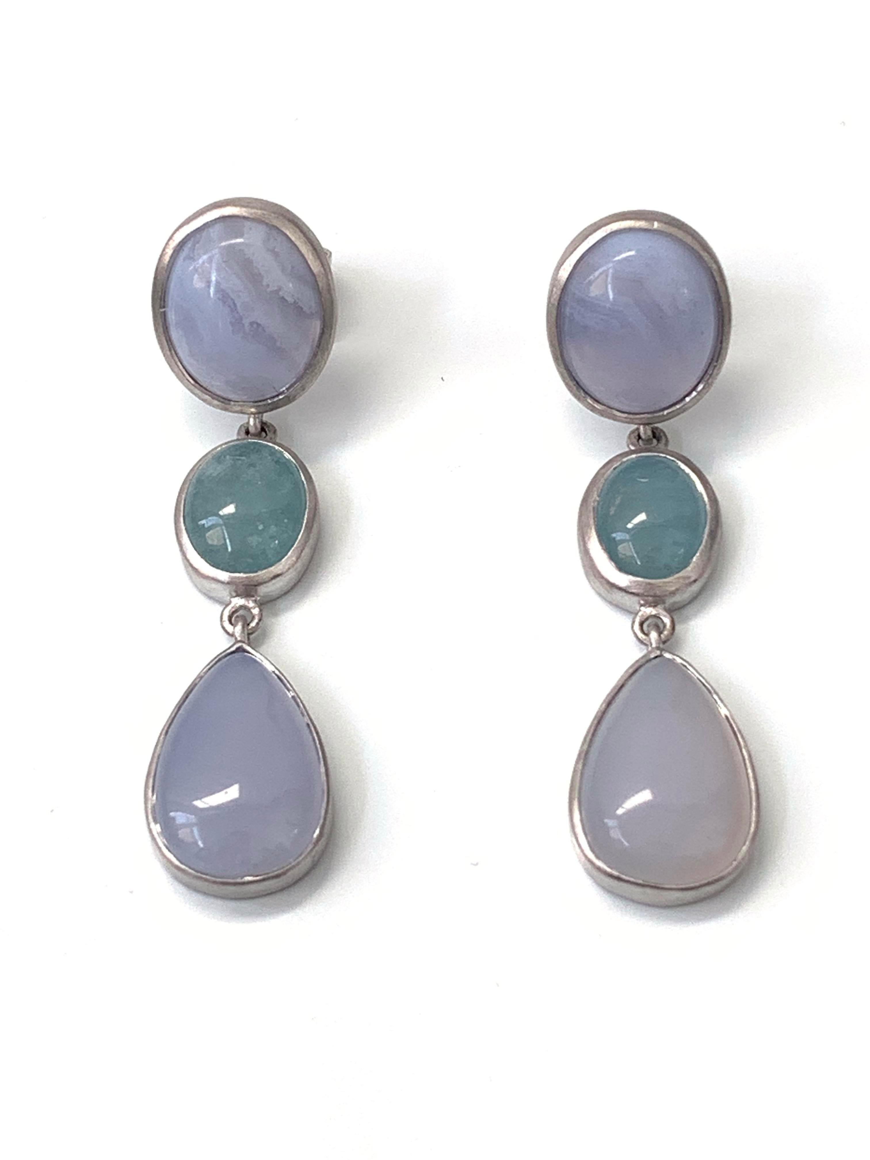 Women's Triple Cabochon Chalcedony and Aquamarine Dangle Sterling Silver Earrings For Sale