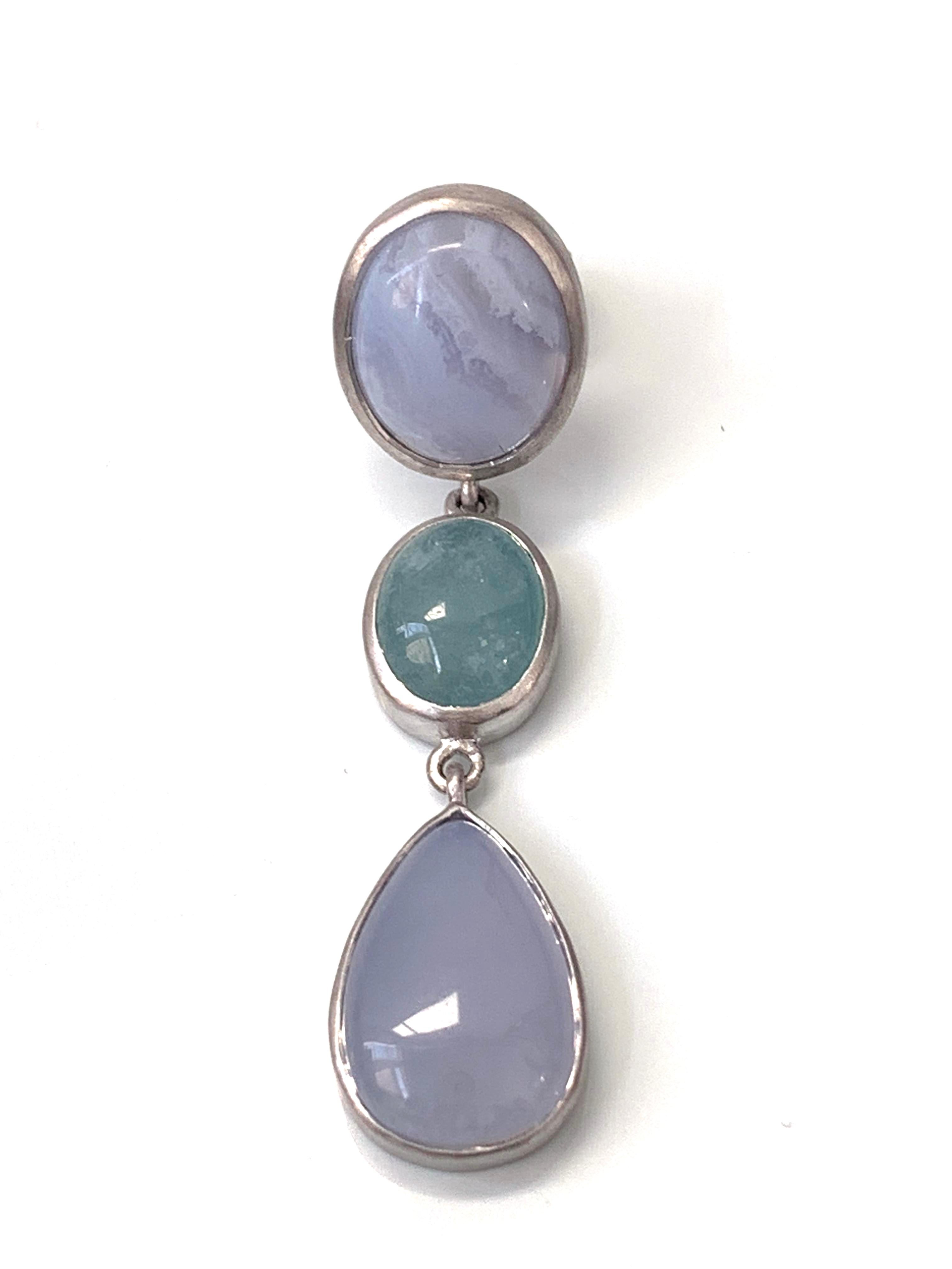 Triple Cabochon Chalcedony and Aquamarine Dangle Sterling Silver Earrings For Sale 2