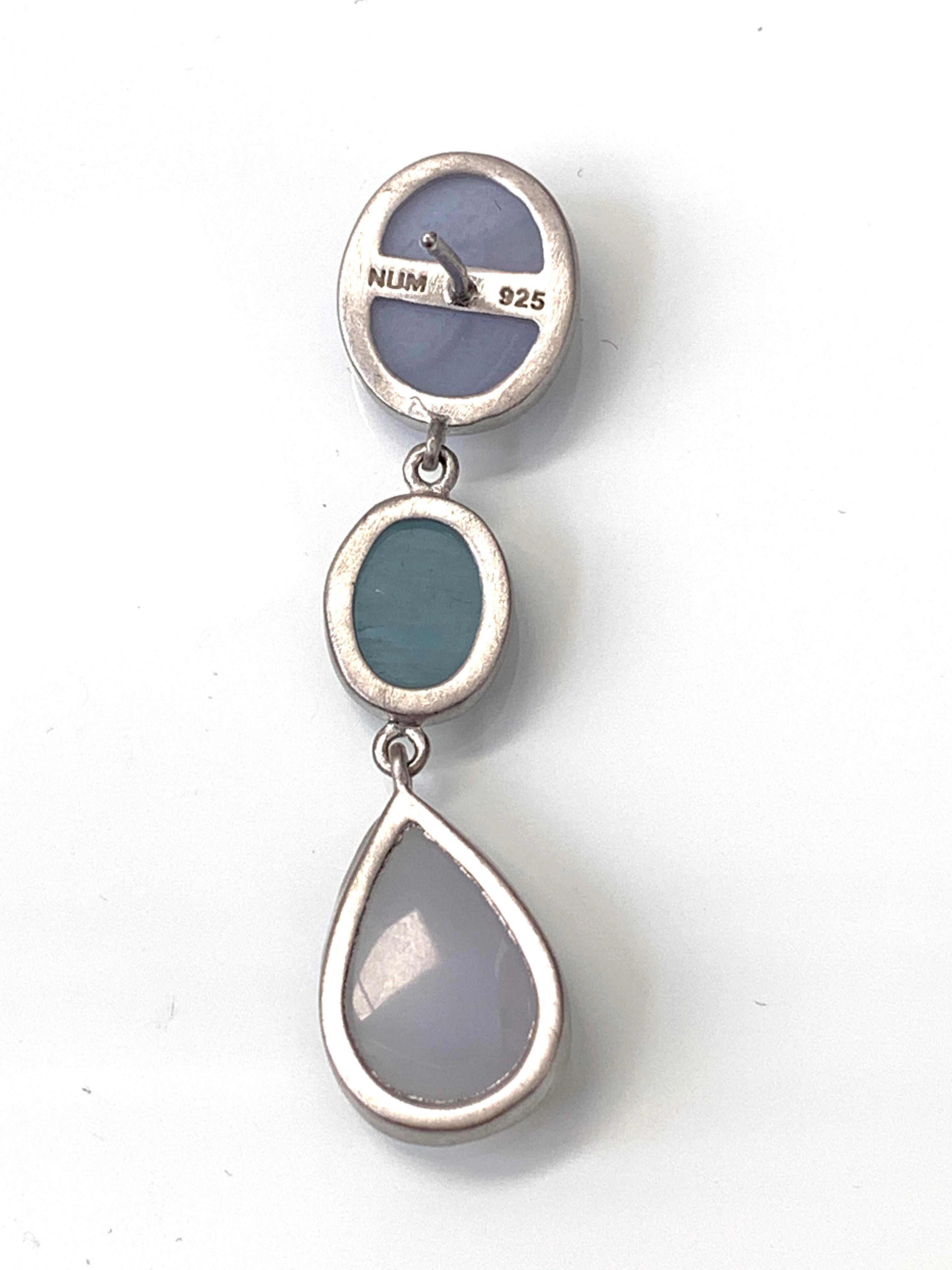 Triple Cabochon Chalcedony and Aquamarine Dangle Sterling Silver Earrings For Sale 3