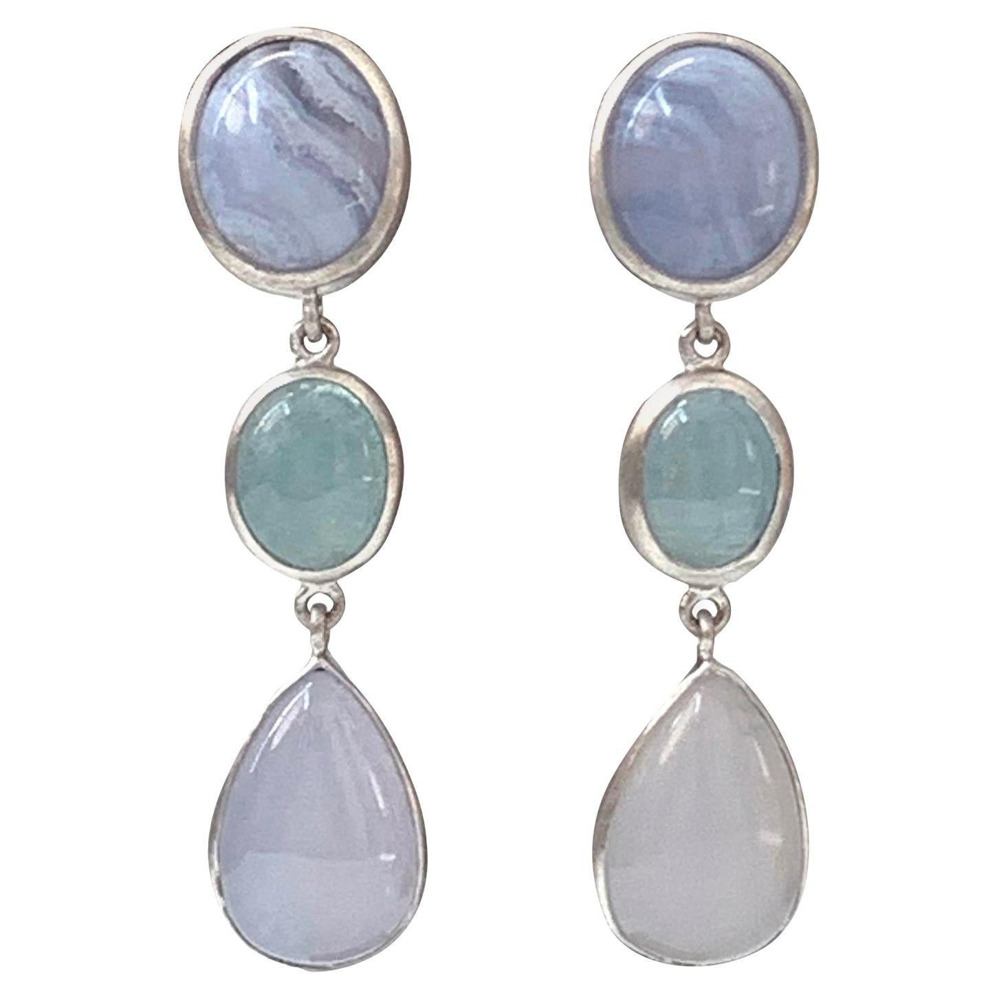 Triple Cabochon Chalcedony and Aquamarine Dangle Sterling Silver Earrings For Sale