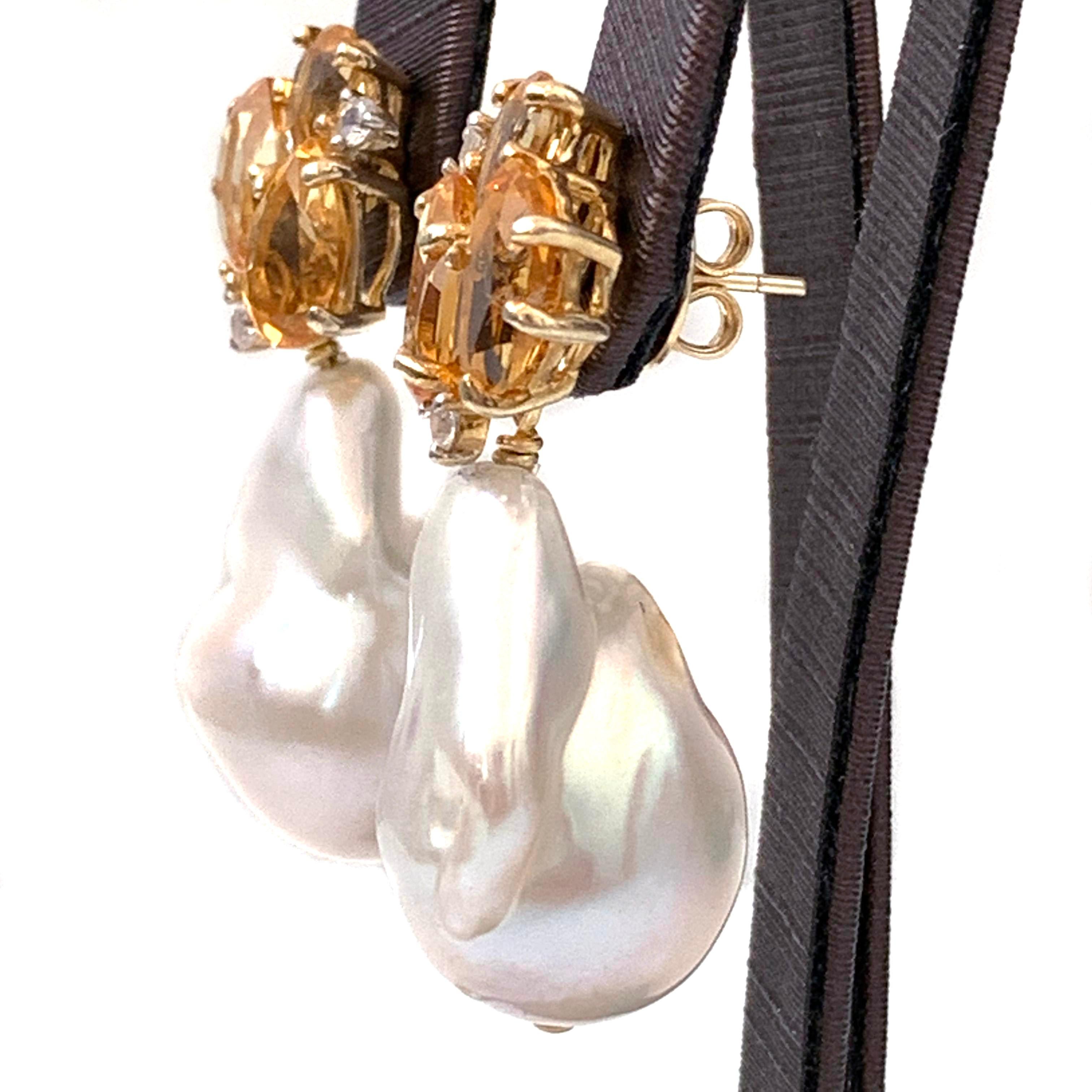Contemporary Bijoux Num Fancy-shape Citrine and Cultured Baroque Pearl Drop Earrings