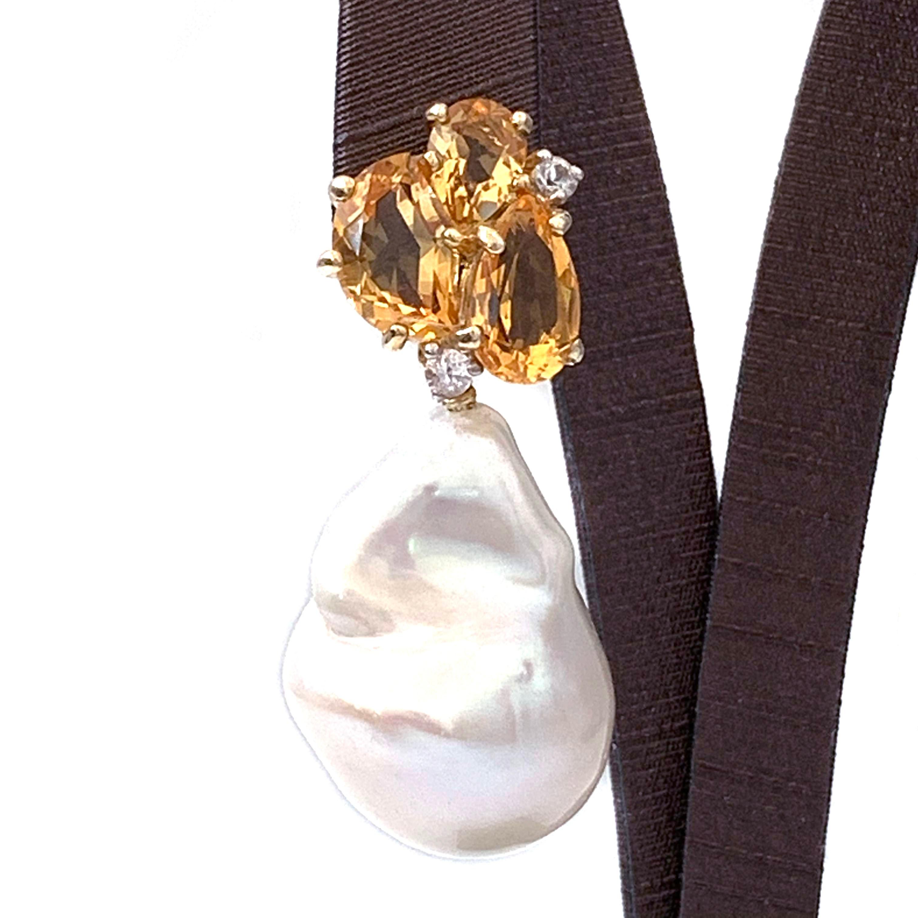 Mixed Cut Bijoux Num Fancy-shape Citrine and Cultured Baroque Pearl Drop Earrings