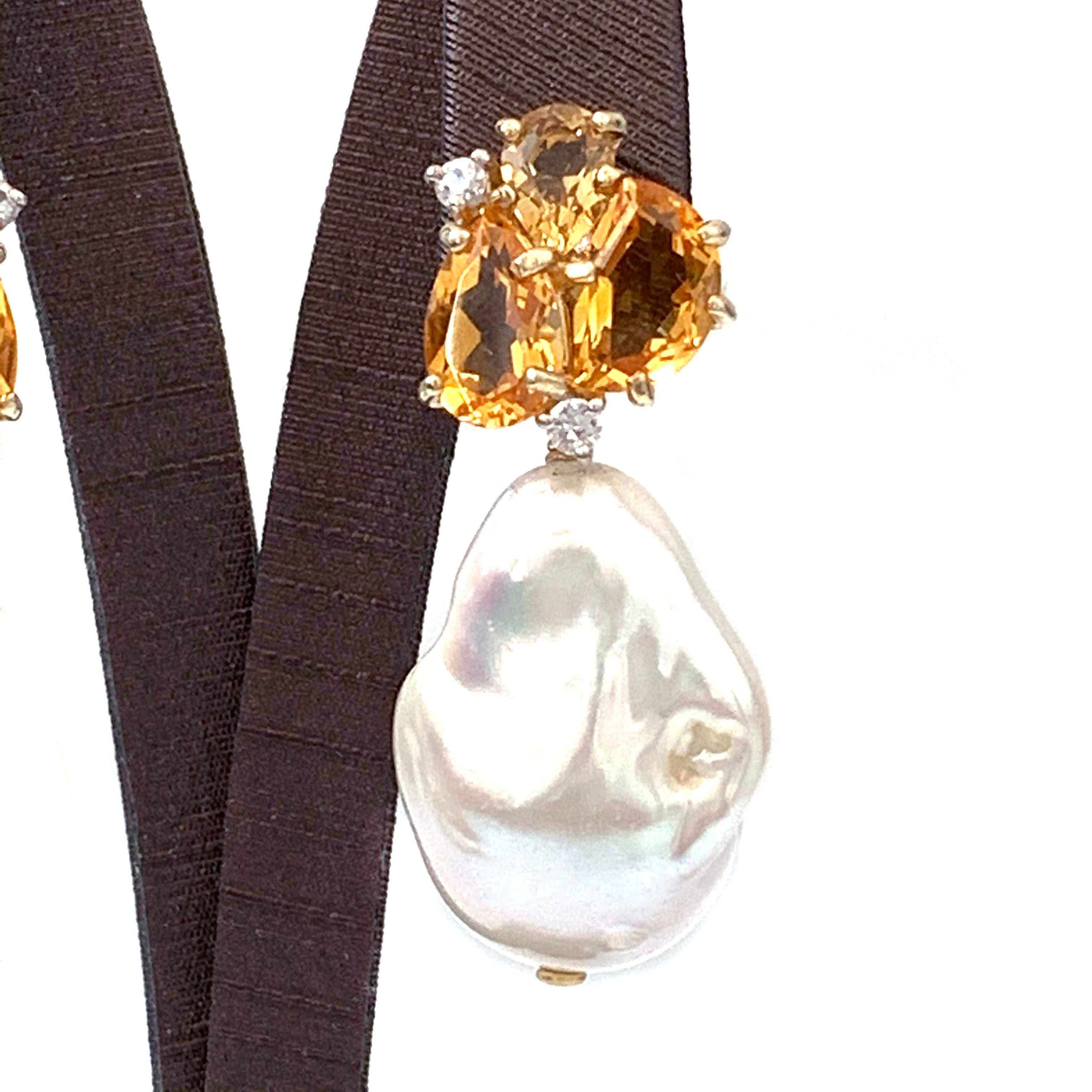Bijoux Num Fancy-shape Citrine and Cultured Baroque Pearl Drop Earrings In New Condition In Los Angeles, CA