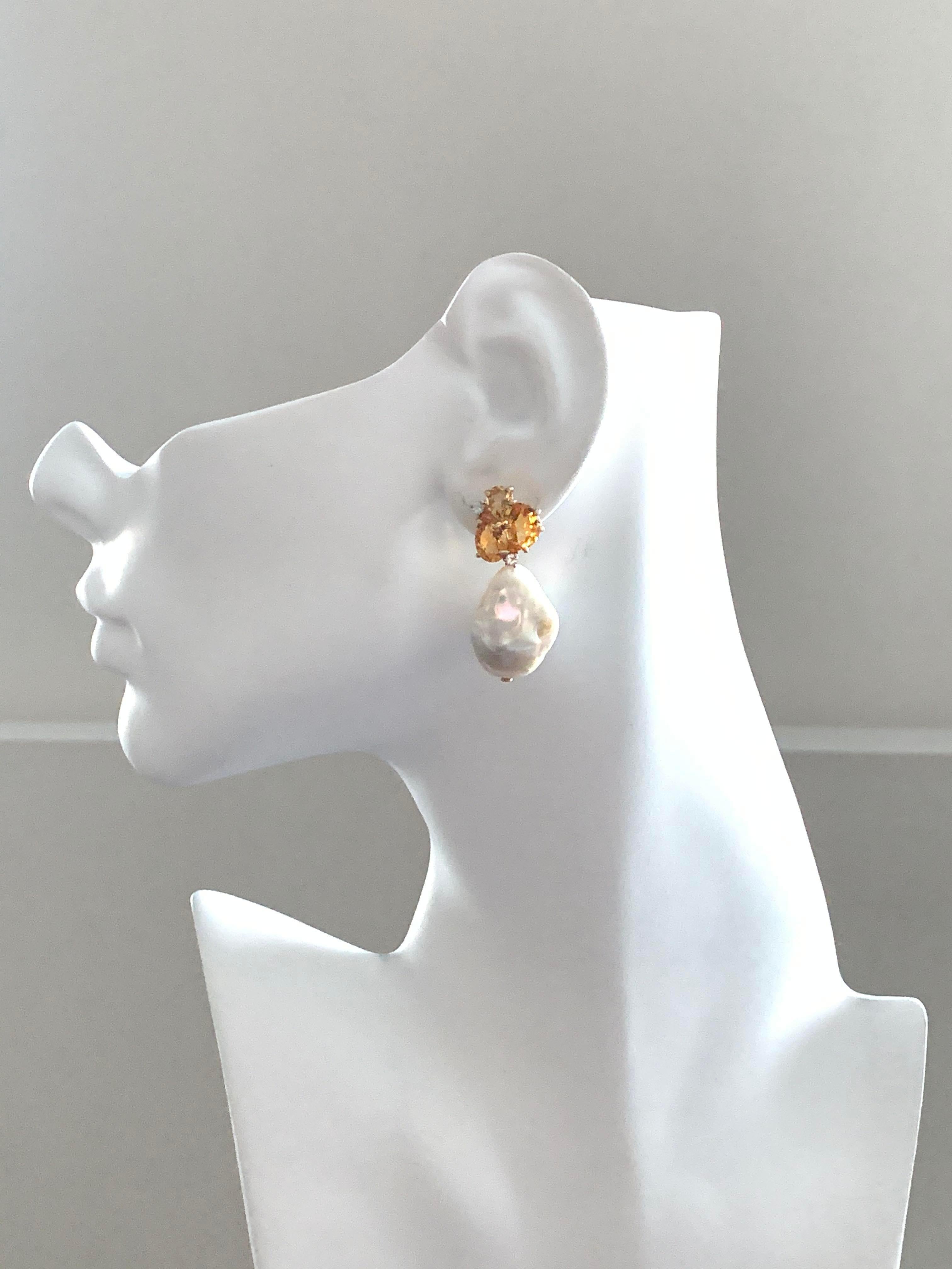 Bijoux Num Fancy-shape Citrine and Cultured Baroque Pearl Drop Earrings 1
