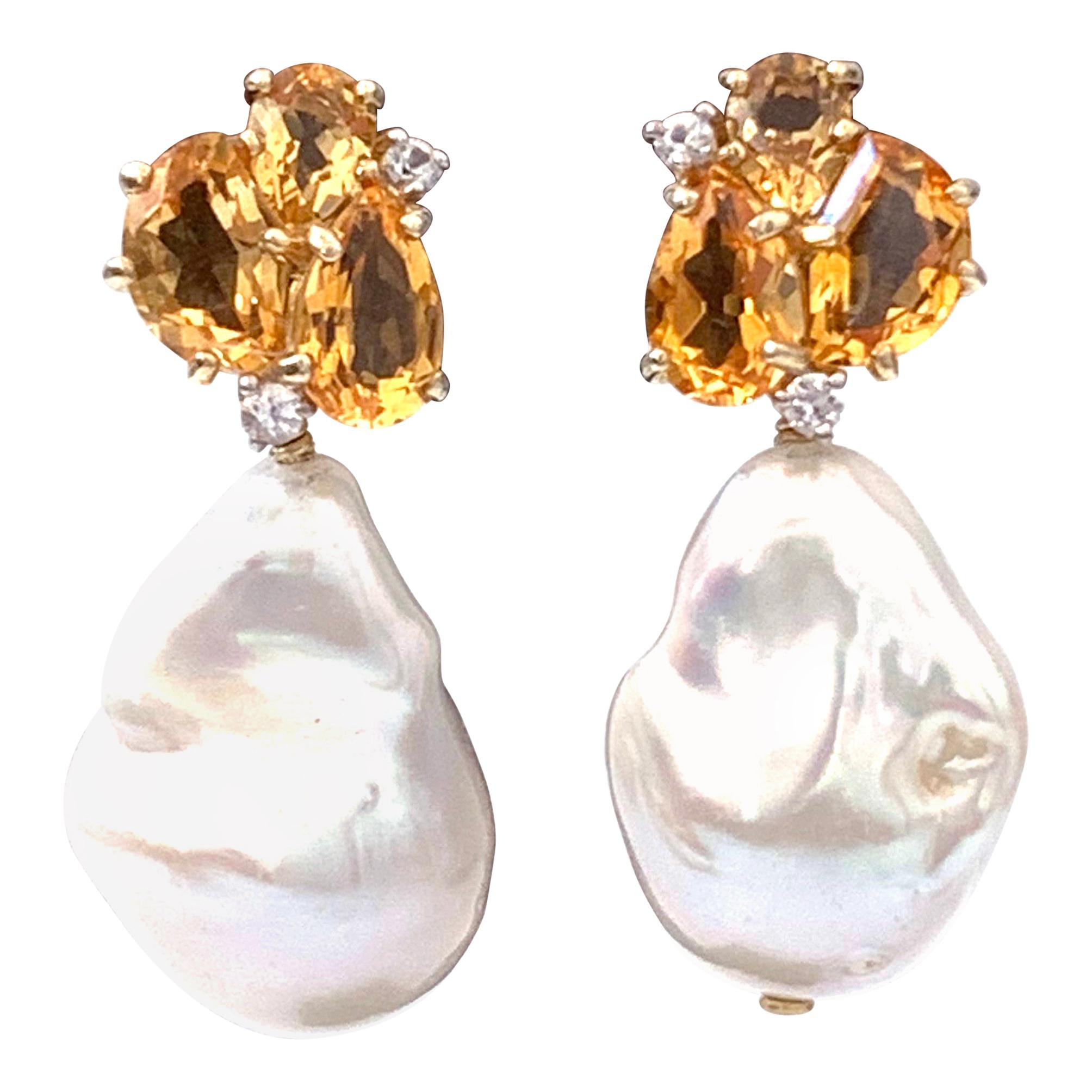 Bijoux Num Fancy-shape Citrine and Cultured Baroque Pearl Drop Earrings