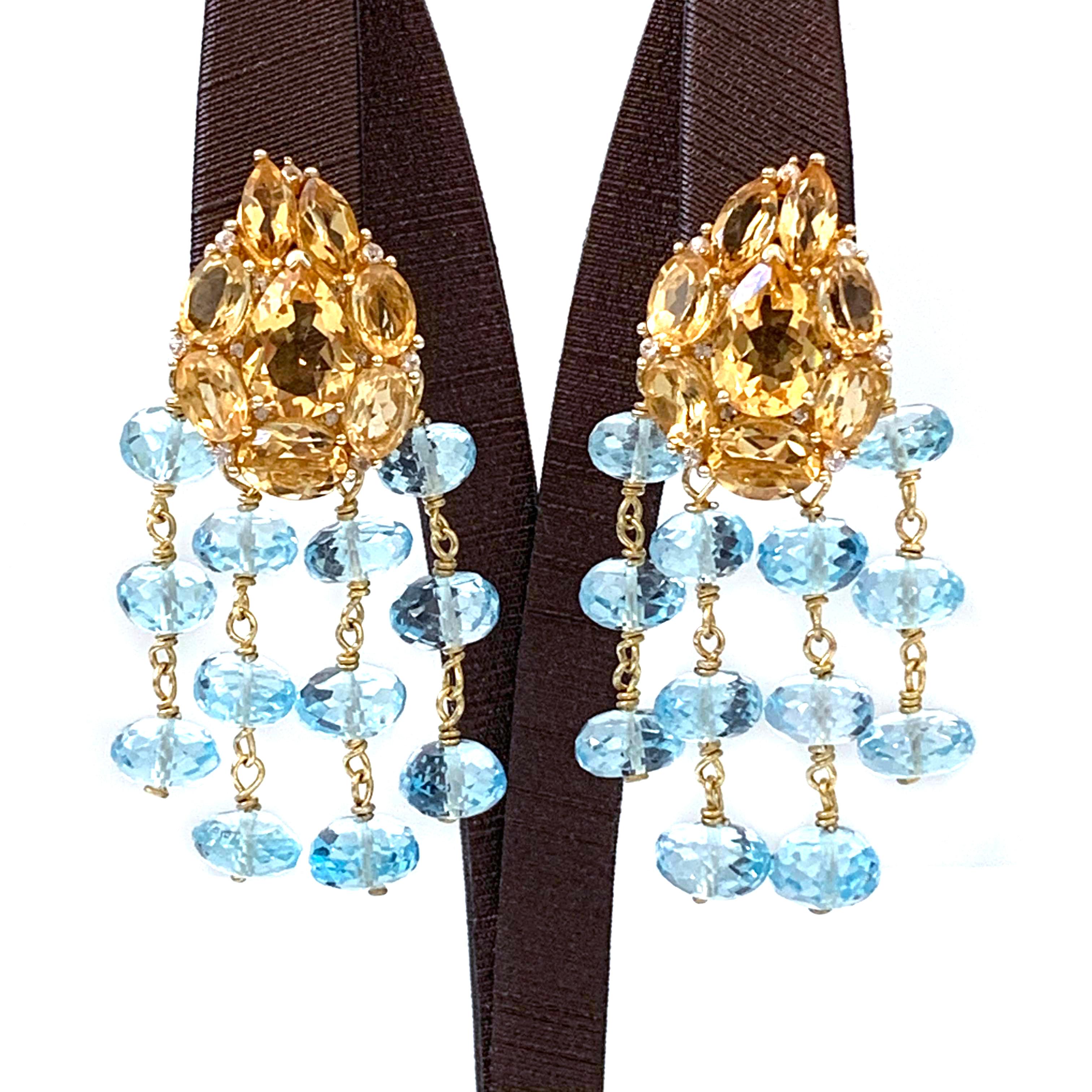 This stunning pair of Bijoux Num Citrine and Blue Topaz Dangle Earrings are so fabulous! The earrings feature cluster of genuine citrine, round white sapphire, and 4 strands of sky blue topaz roundels on each earring - handset and wire wrapped in