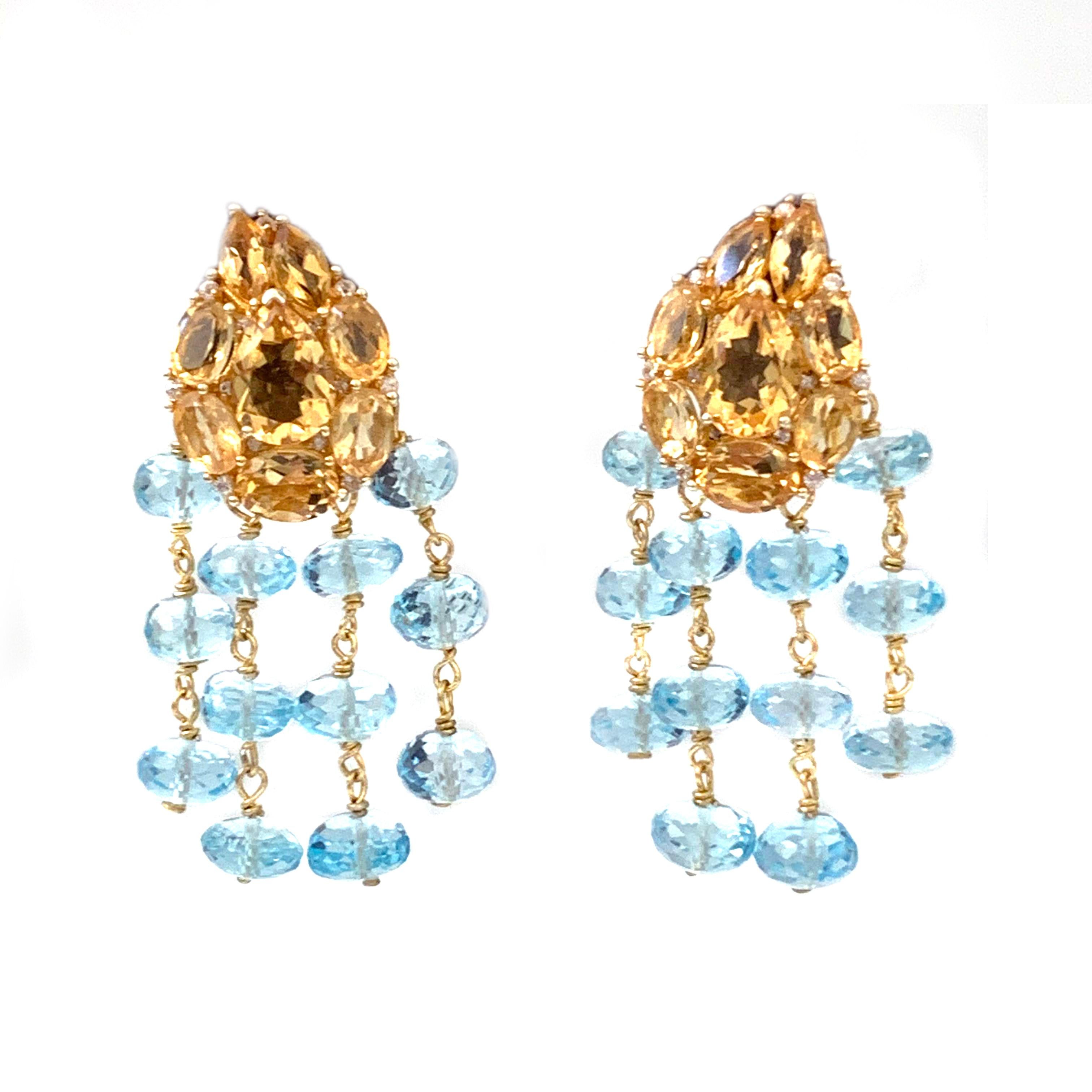 Contemporary Bijoux Num Clustered Citrine and Blue Topaz Dangle Earrings