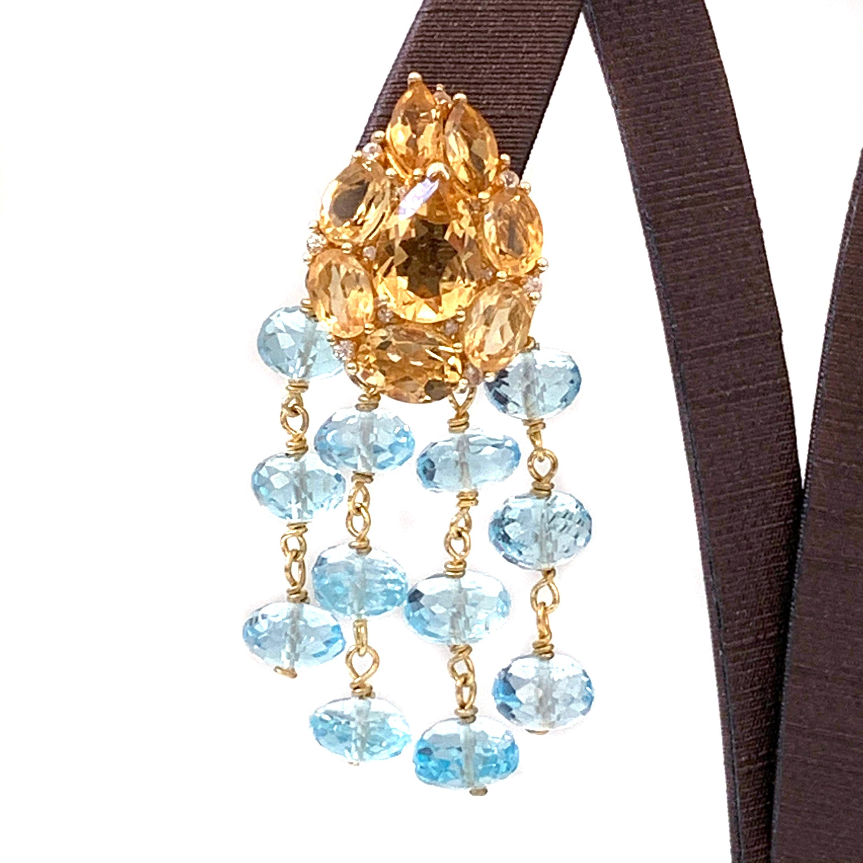 Mixed Cut Bijoux Num Clustered Citrine and Blue Topaz Dangle Earrings
