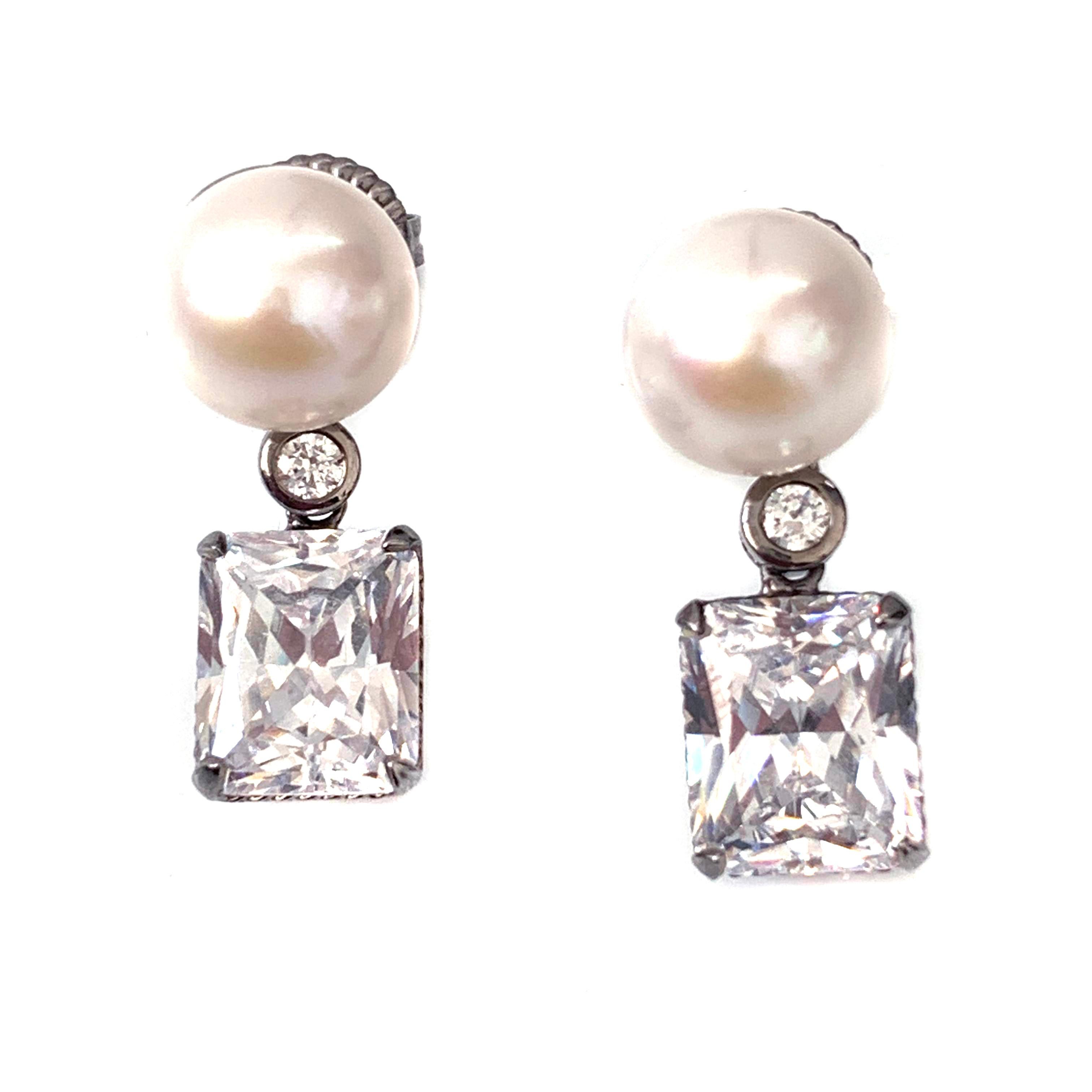 Contemporary 11mm Cultured Pearl and 4ct Simulated Diamond Drop Earrings