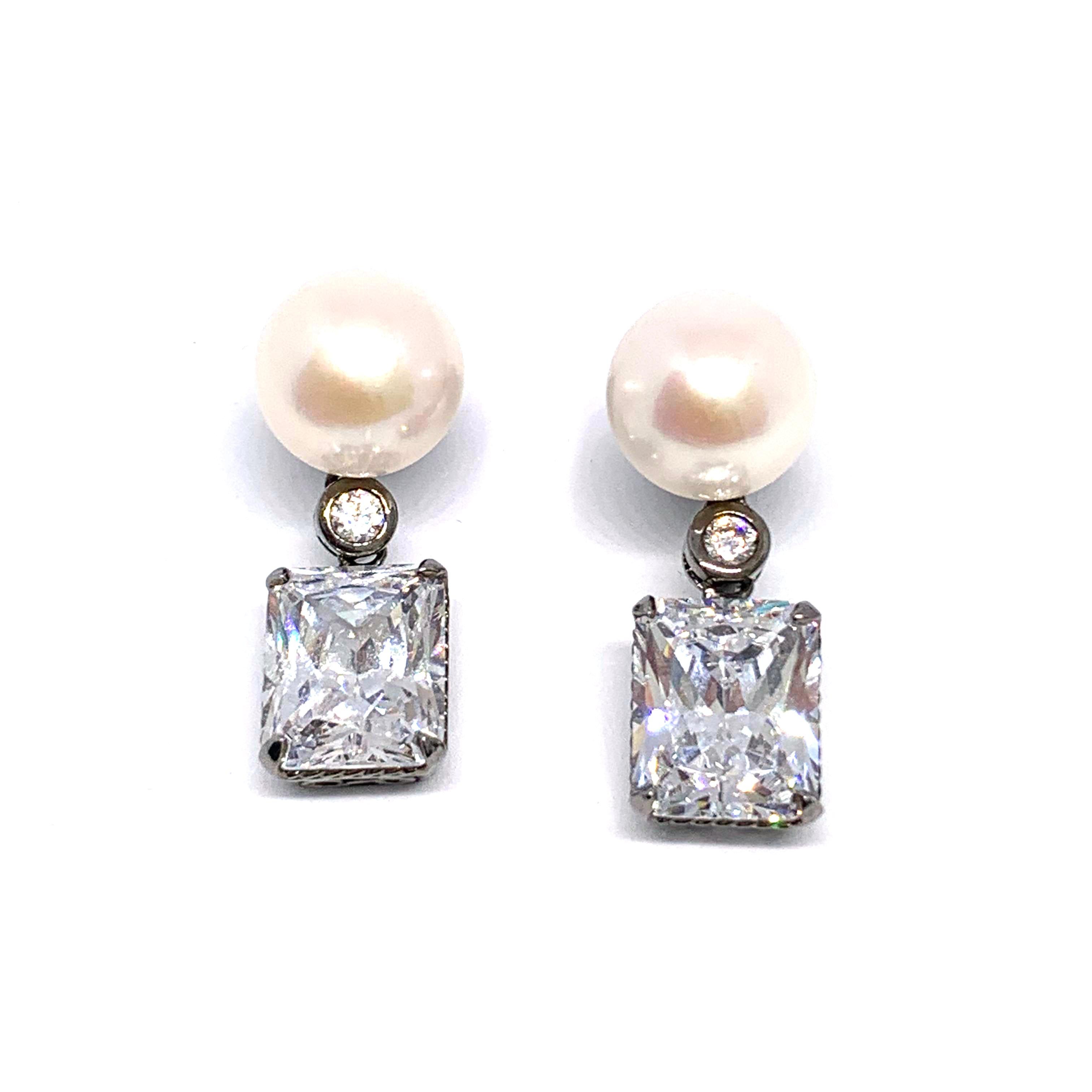 Round Cut 11mm Cultured Pearl and 4ct Simulated Diamond Drop Earrings
