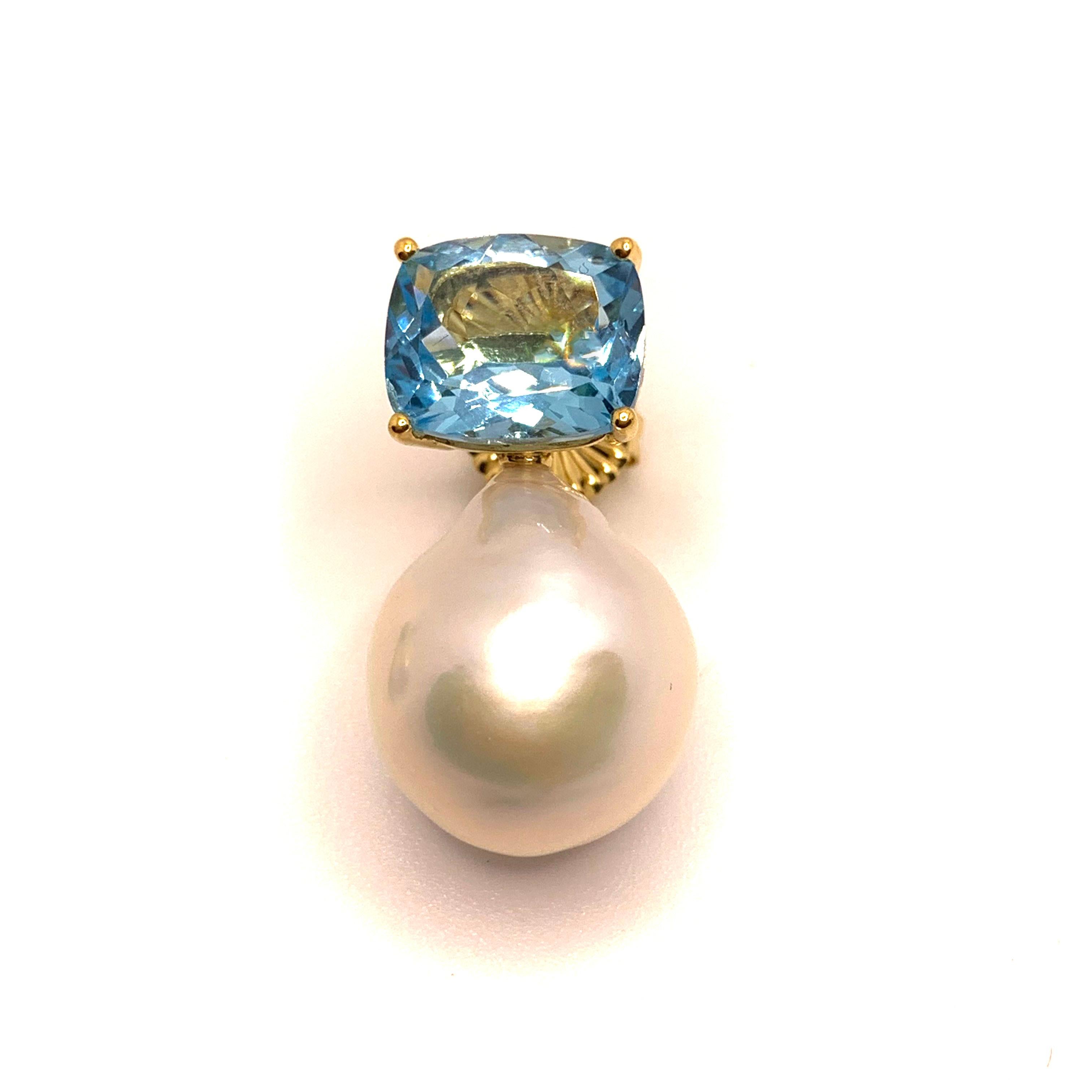 Contemporary Bijoux Num Cushion-cut Blue Topaz and White Cultured Baroque Pearl Drop Earrings