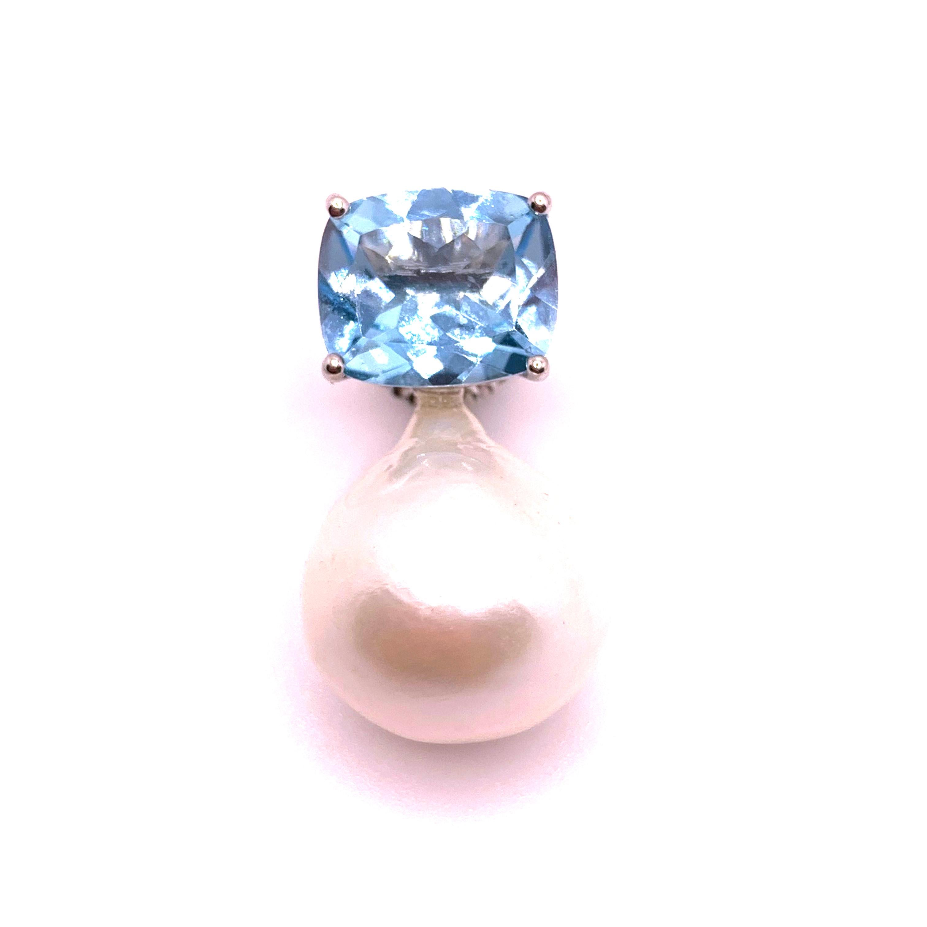 Contemporary Bijoux Num Cushion-cut Blue Topaz and White Cultured Baroque Pearl Drop Earrings