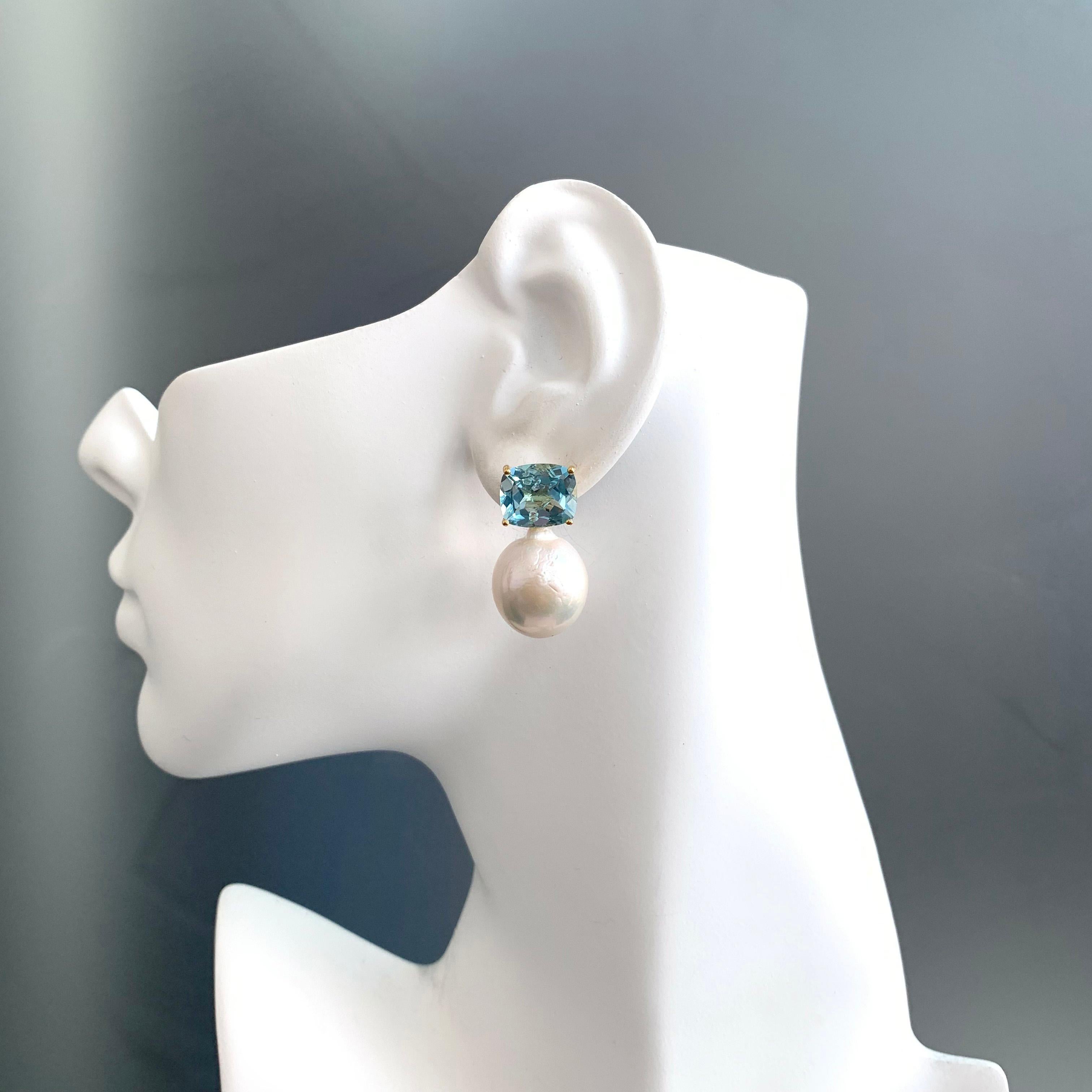 Cushion Cut Bijoux Num Cushion-cut Blue Topaz and White Cultured Baroque Pearl Drop Earrings