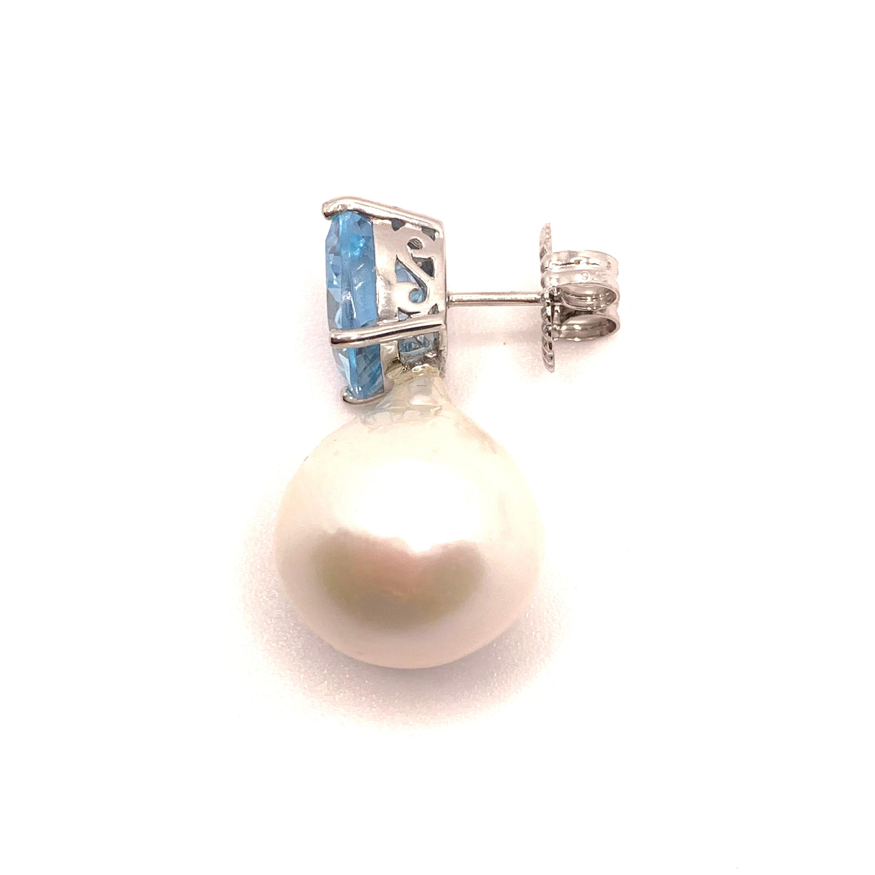 Cushion Cut Bijoux Num Cushion-cut Blue Topaz and White Cultured Baroque Pearl Drop Earrings