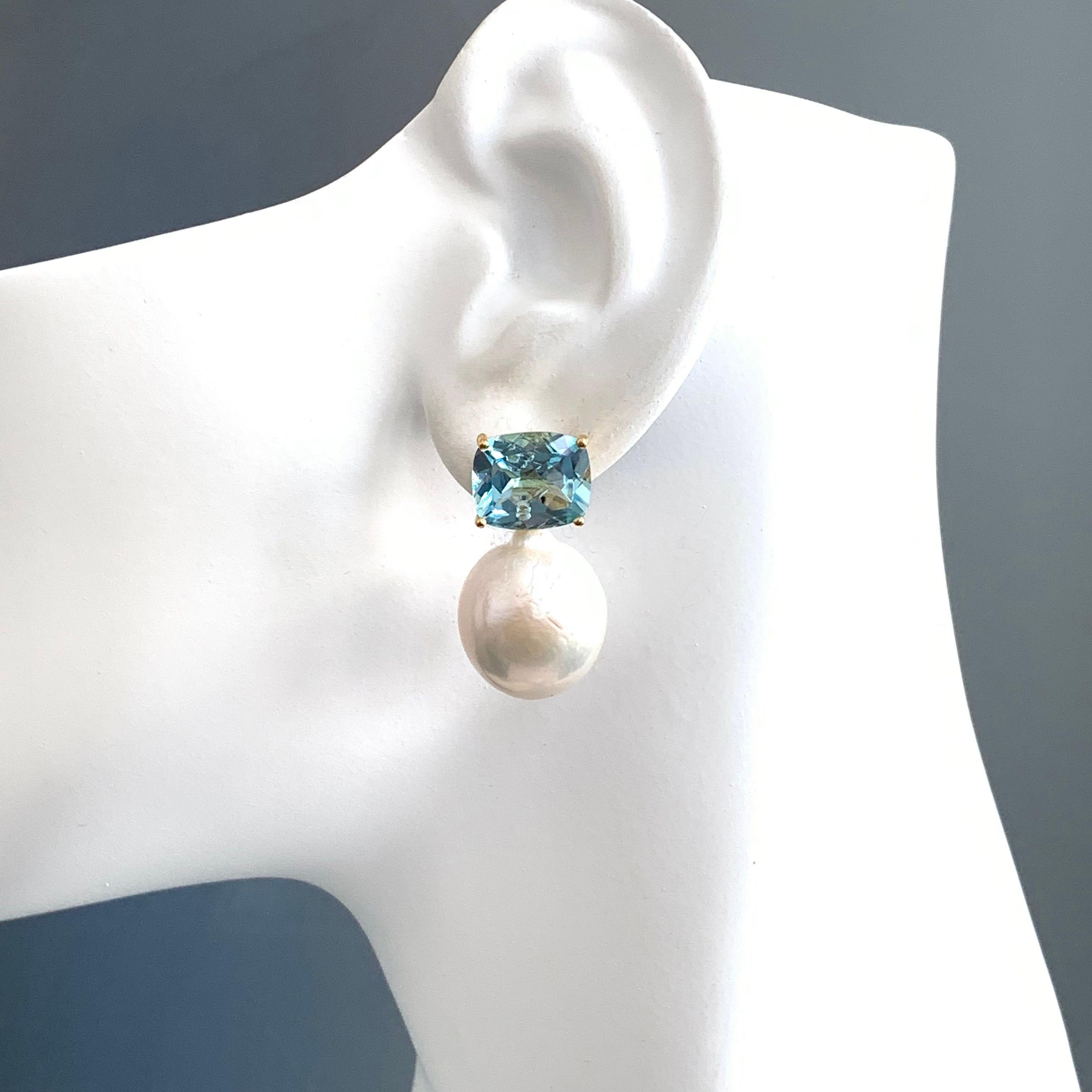 Bijoux Num Cushion-cut Blue Topaz and White Cultured Baroque Pearl Drop Earrings In New Condition In Los Angeles, CA