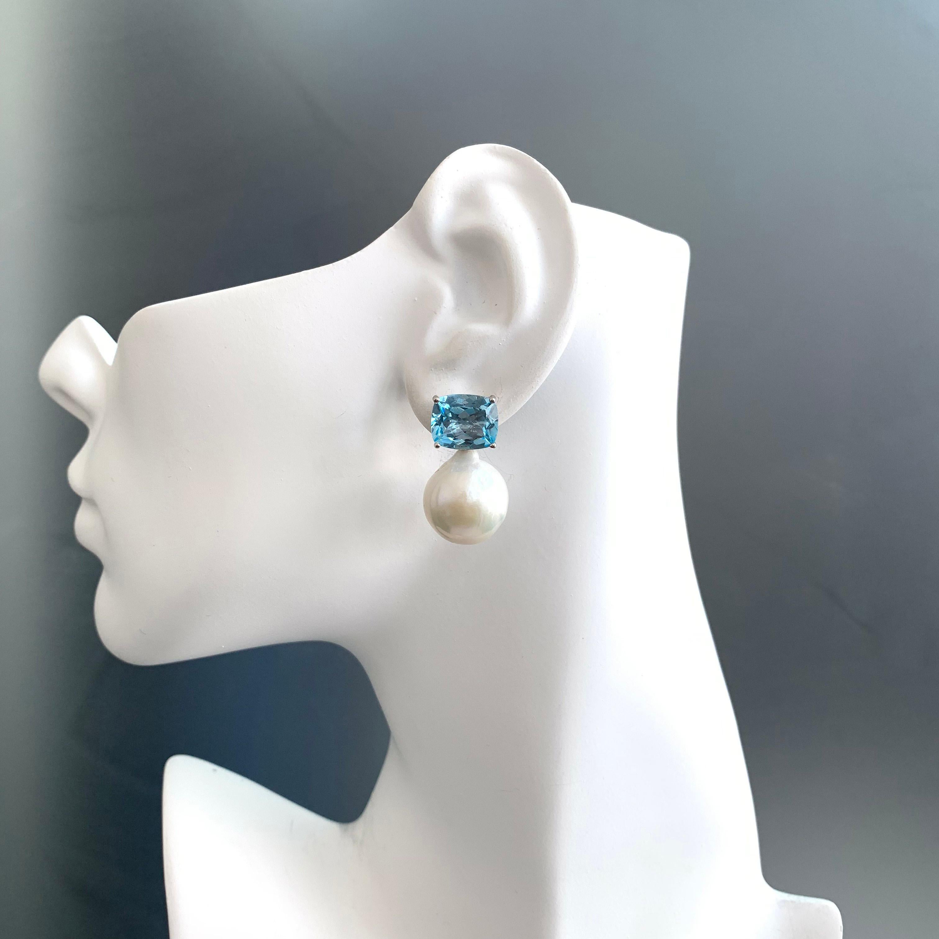 Bijoux Num Cushion-cut Blue Topaz and White Cultured Baroque Pearl Drop Earrings In New Condition In Los Angeles, CA