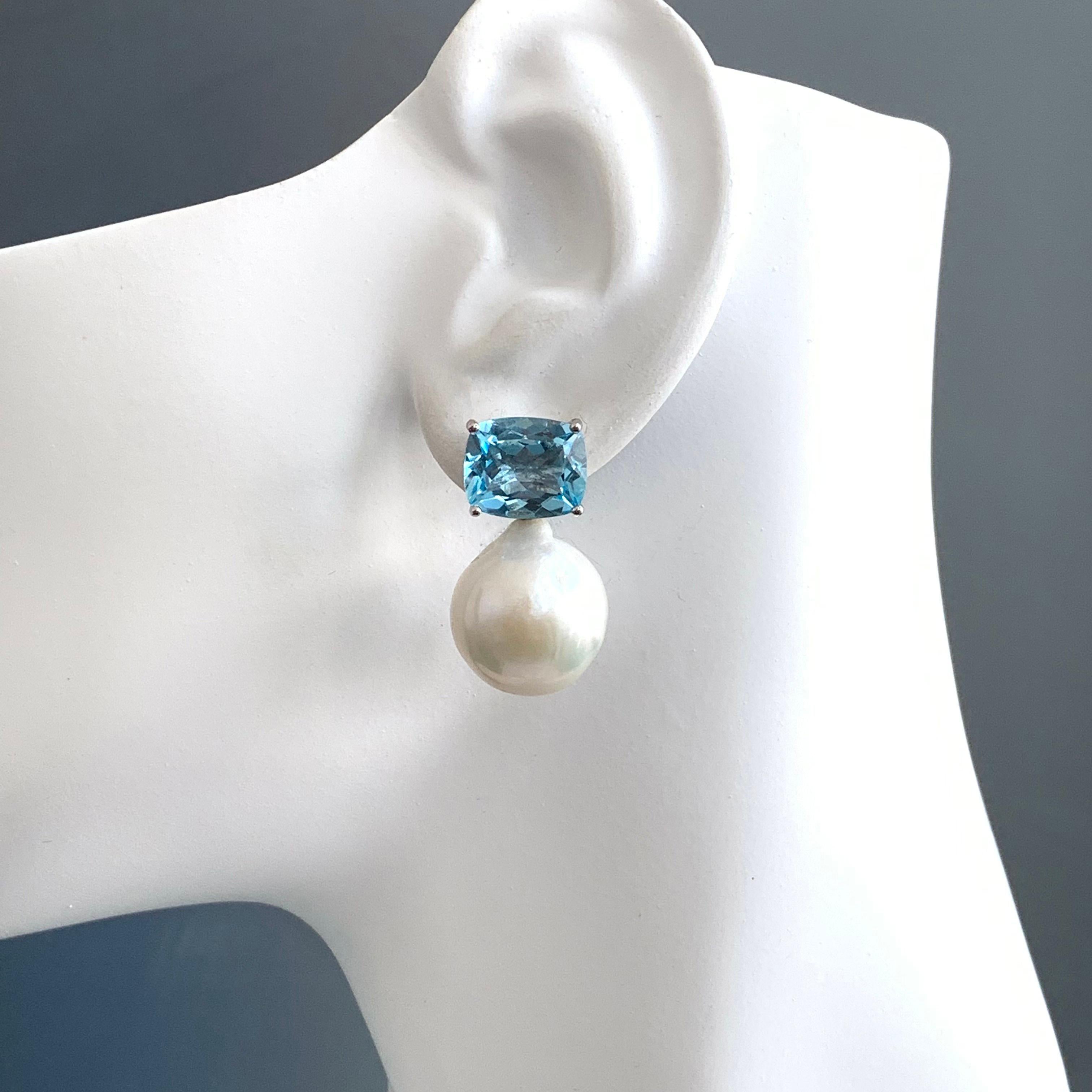 Women's Bijoux Num Cushion-cut Blue Topaz and White Cultured Baroque Pearl Drop Earrings