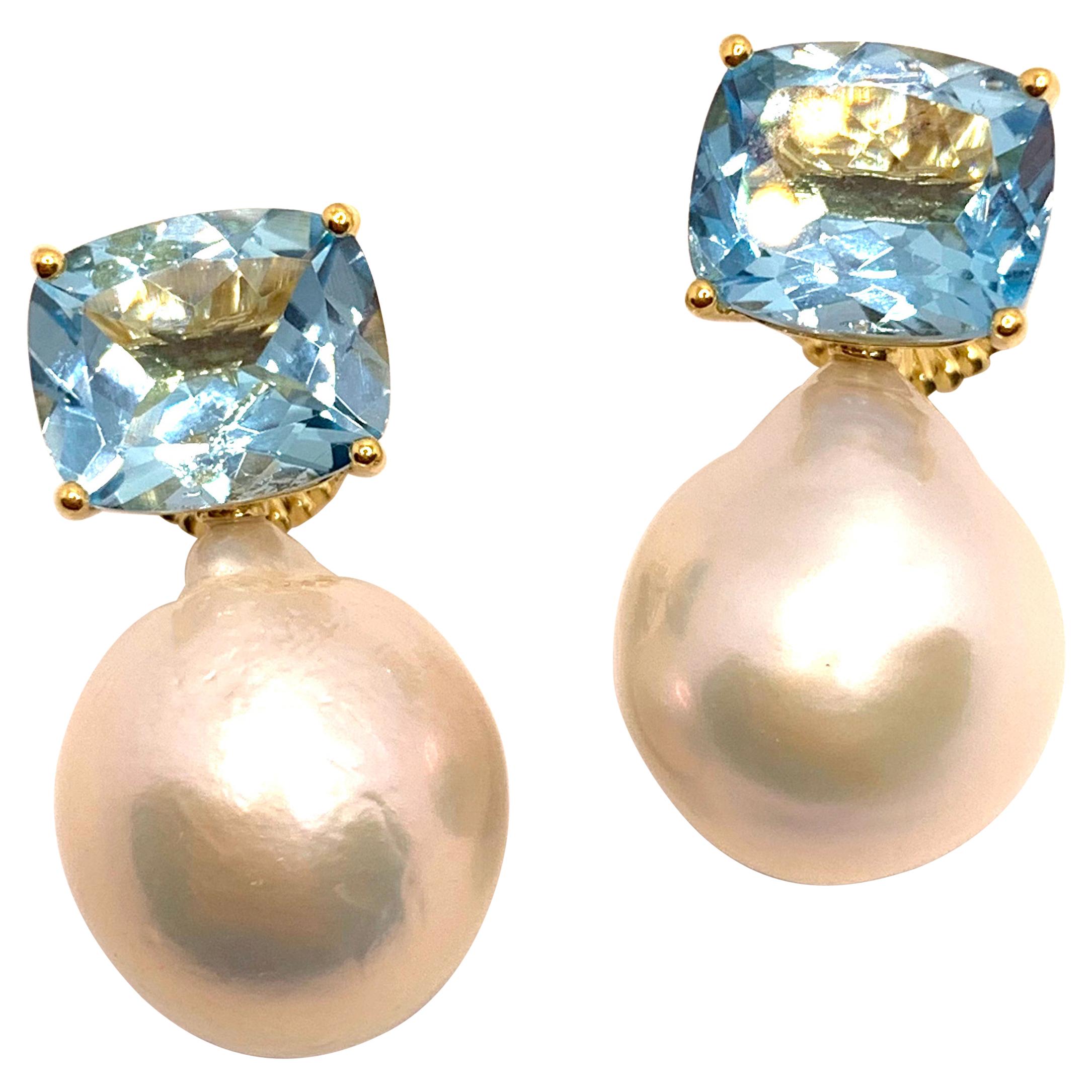 Bijoux Num Cushion-cut Blue Topaz and White Cultured Baroque Pearl Drop Earrings