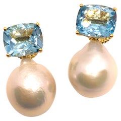 Bijoux Num Cushion-cut Blue Topaz and White Cultured Baroque Pearl Drop Earrings