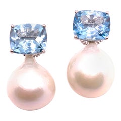 Bijoux Num Cushion-cut Blue Topaz and White Cultured Baroque Pearl Drop Earrings