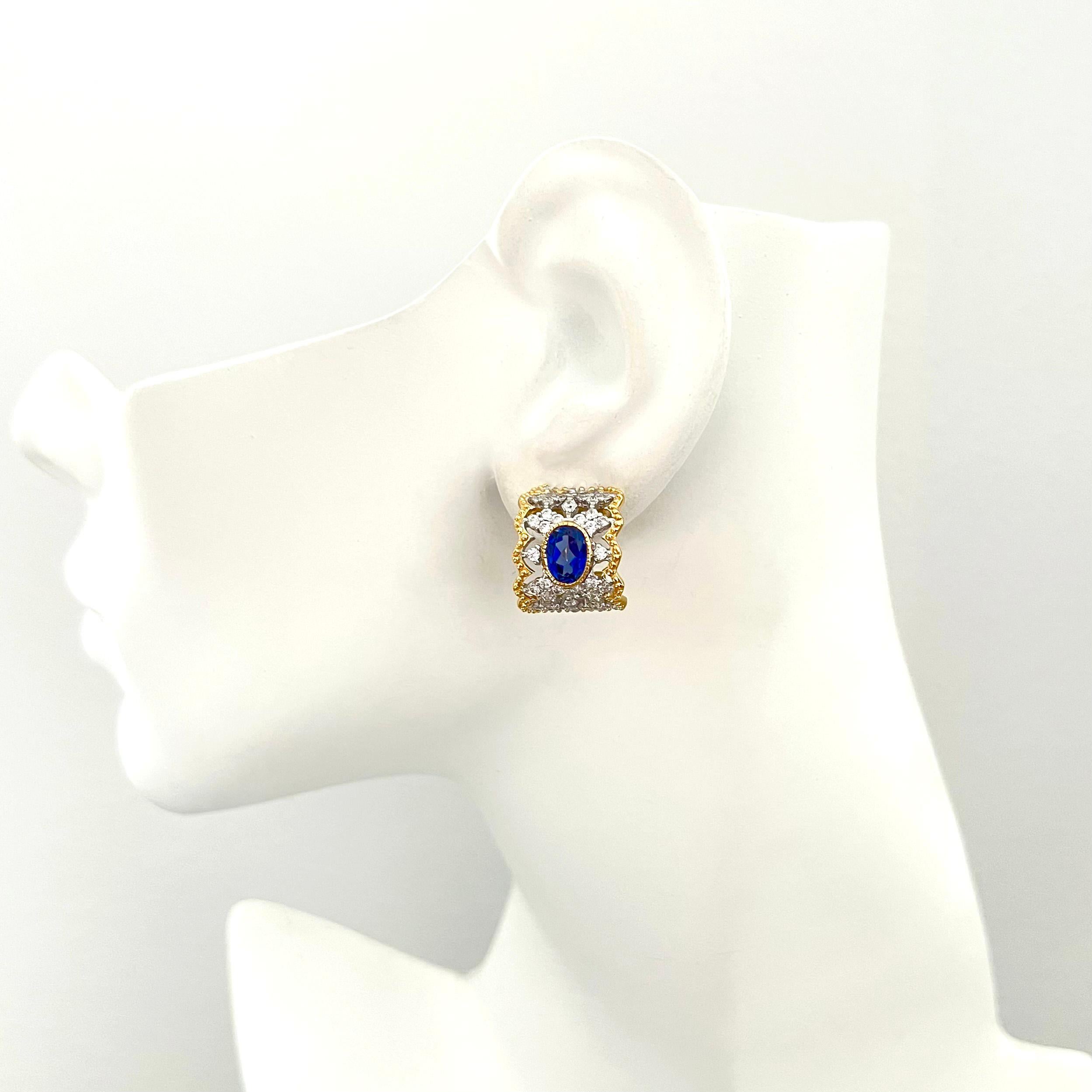 Bijoux Num Diamond-Pattern Oval Lab Sapphire Center Half Hoop Vermeil Earrings 2