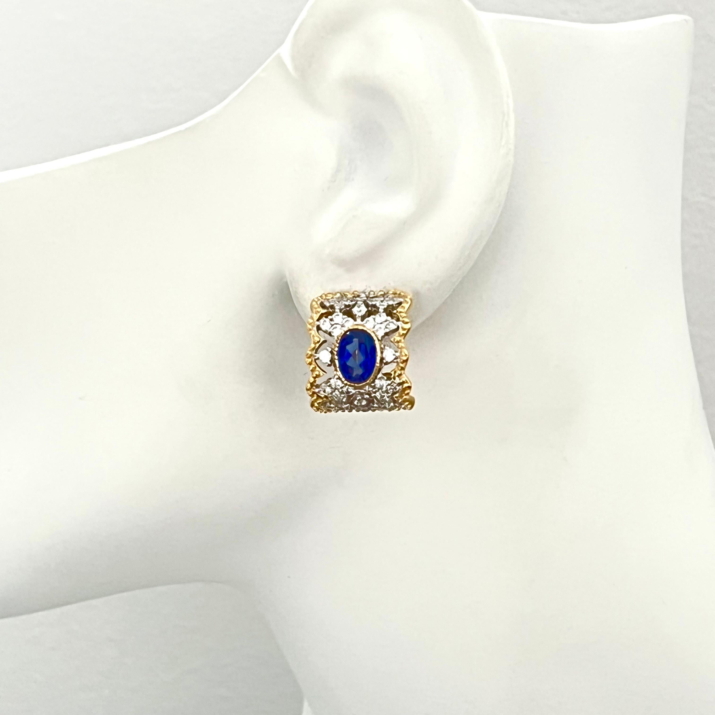 Bijoux Num Diamond-Pattern Oval Lab Sapphire Center Half Hoop Vermeil Earrings 3
