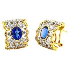 Bijoux Num Diamond-Pattern Oval Lab Sapphire Center Half Hoop Vermeil Earrings