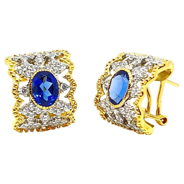 Bijoux Num Diamond-Pattern Oval Lab Sapphire Center Half Hoop Vermeil  Earrings For Sale at 1stDibs
