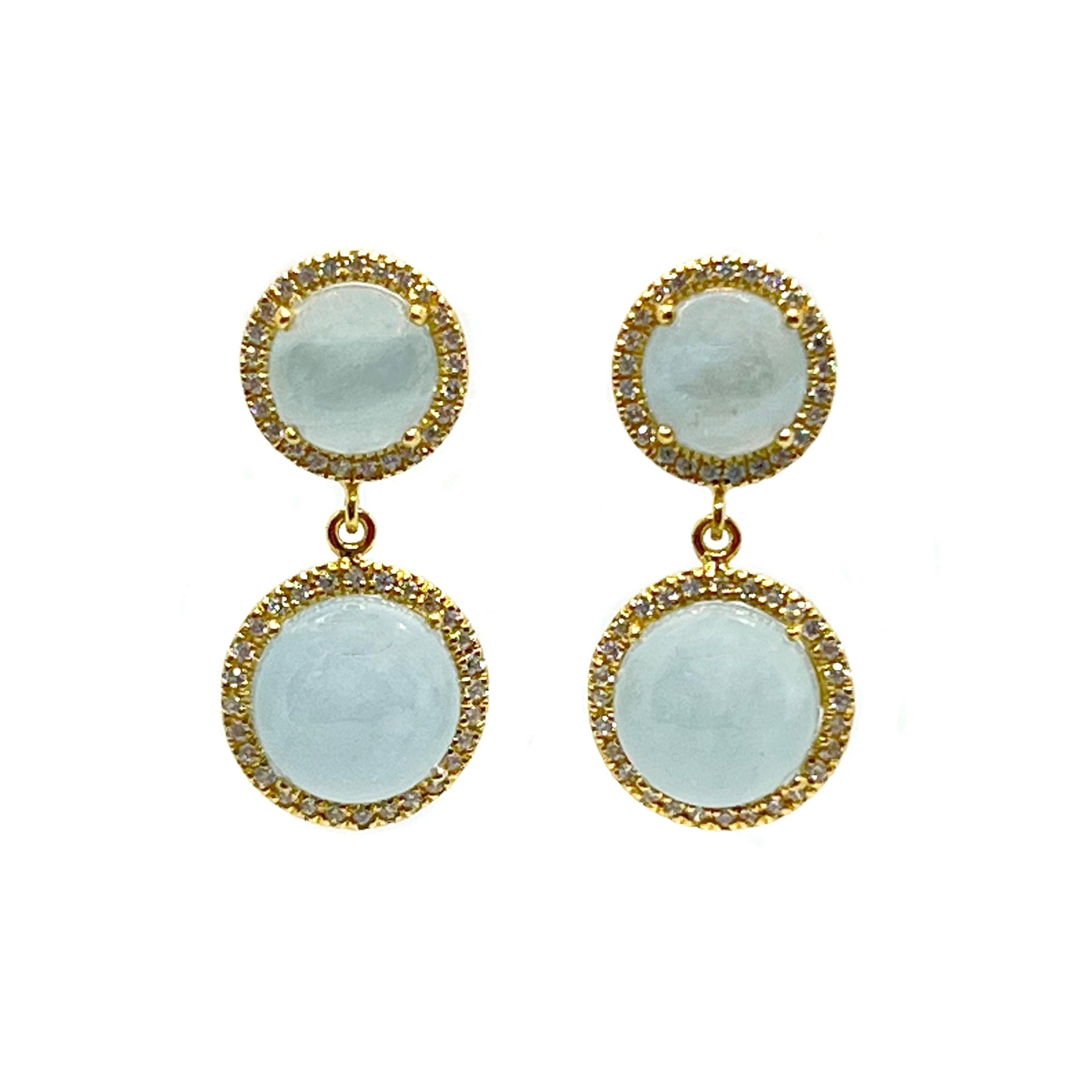 These beautiful pair of earrings feature sets of round seawater blue aquamarine, adorned with round simulated diamond cz, handset in 18k yellow gold vermeil over sterling silver. Straight post with large earring backs allowing the earrings to sit