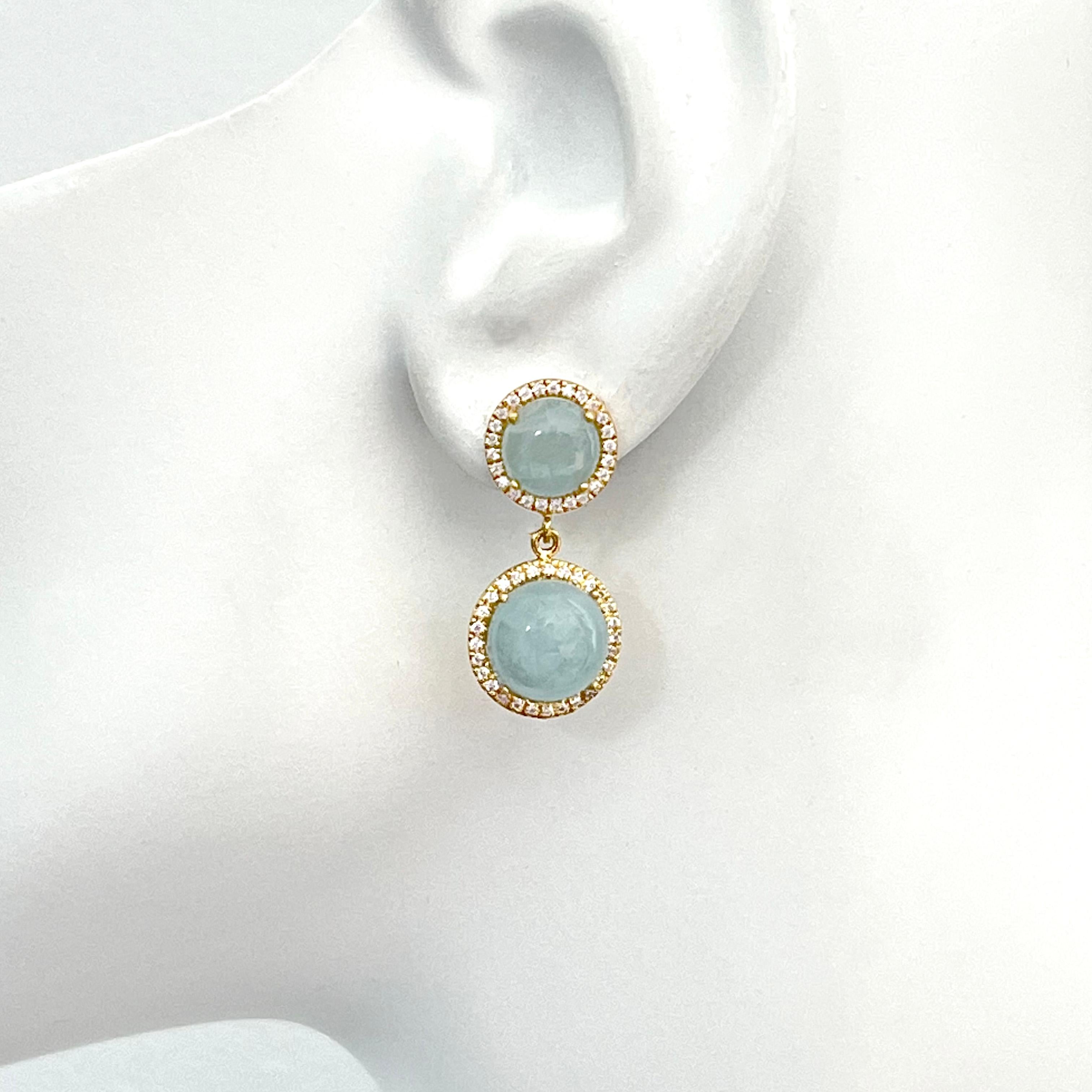 Bijoux Num Double Halo Round Aquamarine Dangle Earrings In New Condition For Sale In Los Angeles, CA