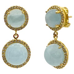 Bijoux Num Pendants d'oreilles aigue-marine ronde double halo