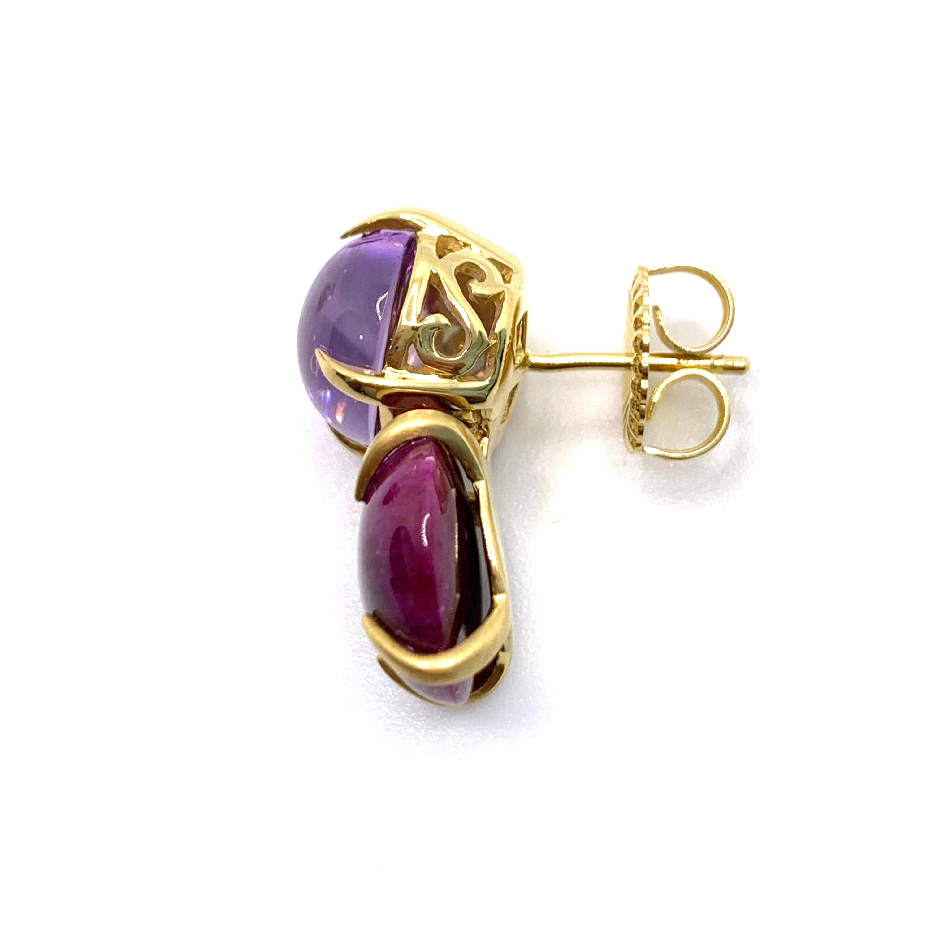 Contemporary Bijoux Num Double Oval Cabochon Amethyst and Ruby Earrings
