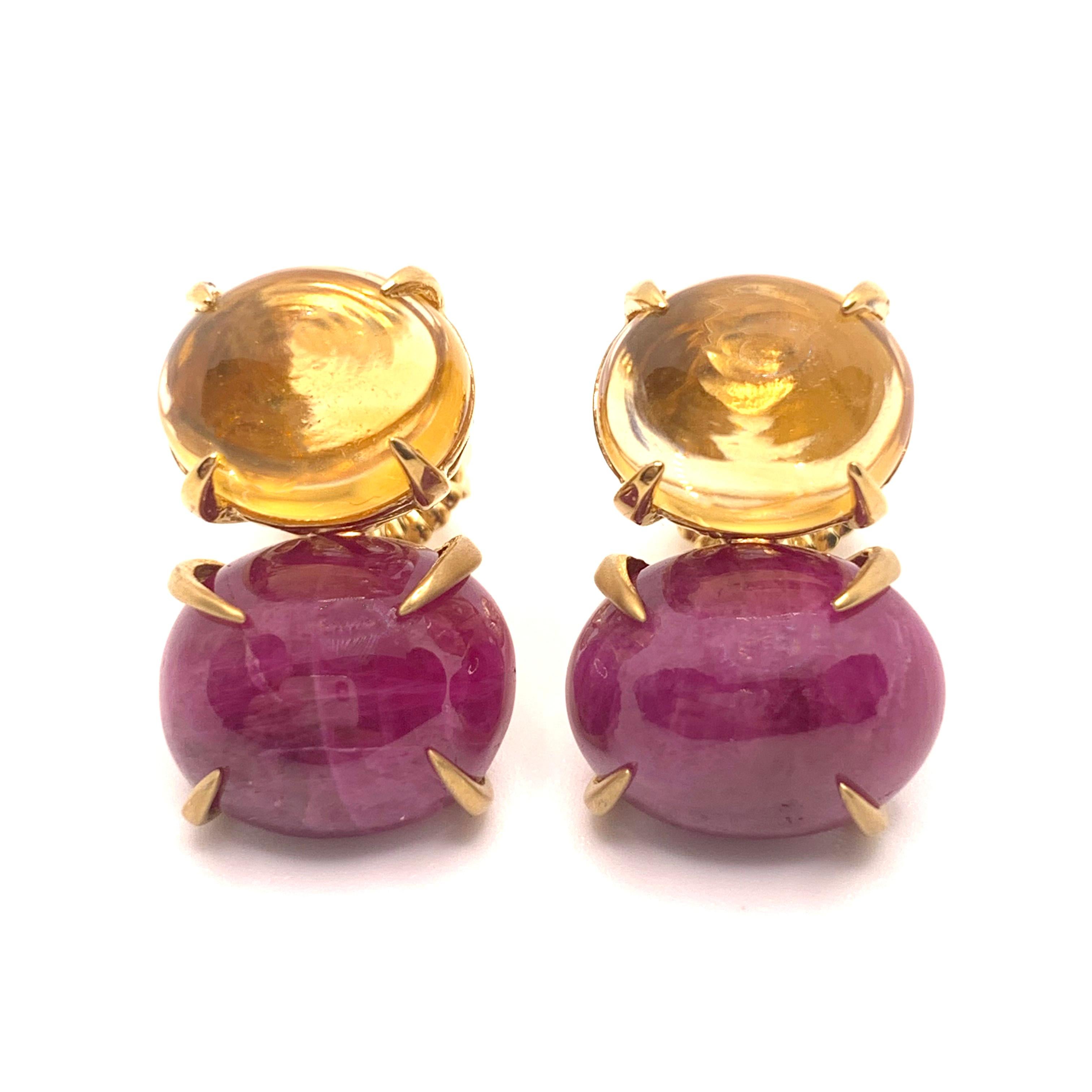 Stunning Bijoux Num Double Oval Cabochon-cut Citrine and Ruby Vermeil Earrings. 

The earrings feature a pair of beautiful oval cabochon-cut Brazilian citrine (very clear) and a pair of oval cabochon-cut African ruby, handset in 18k gold vermeil