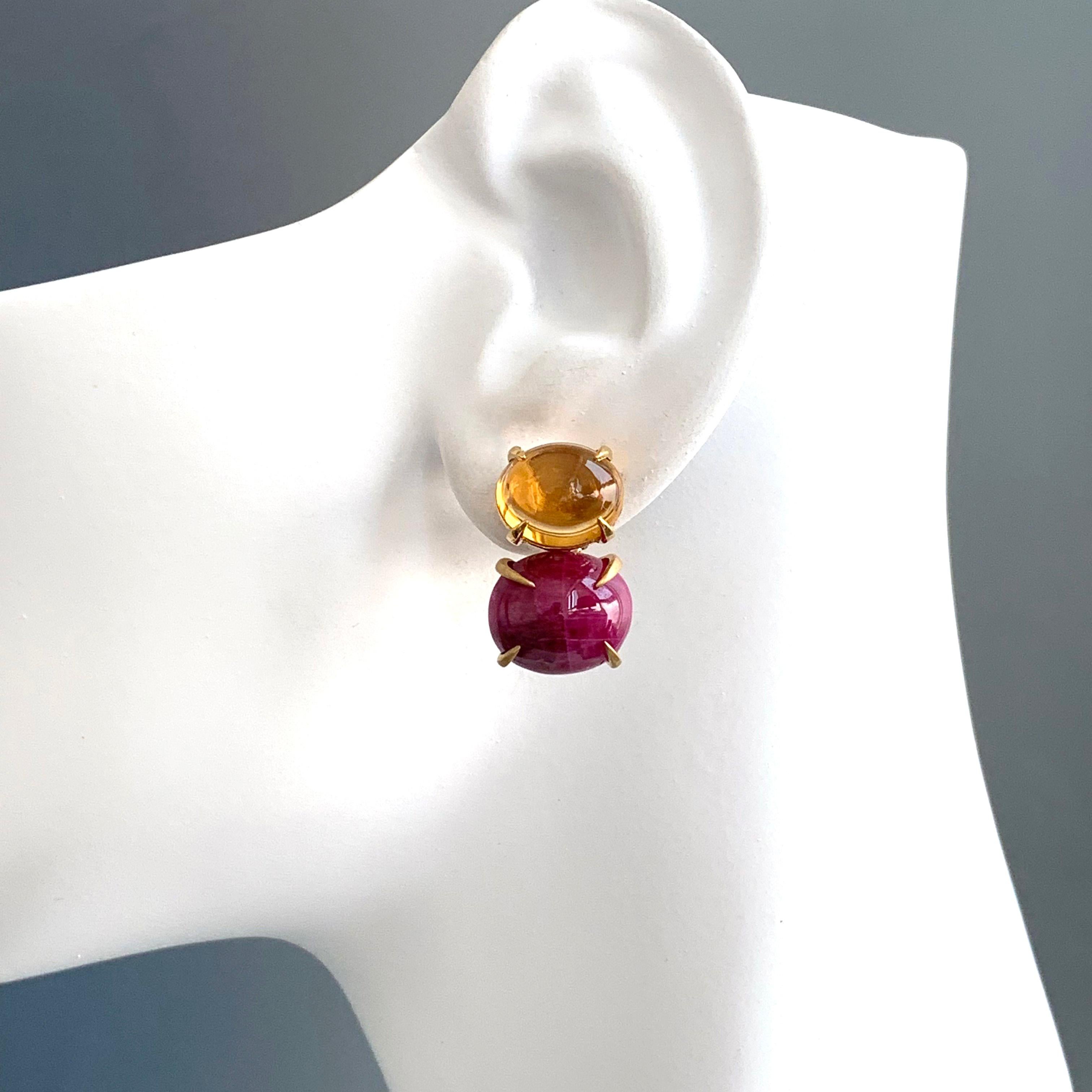 Contemporary Bijoux Num Double Oval Cabochon Citrine and Ruby Earrings For Sale