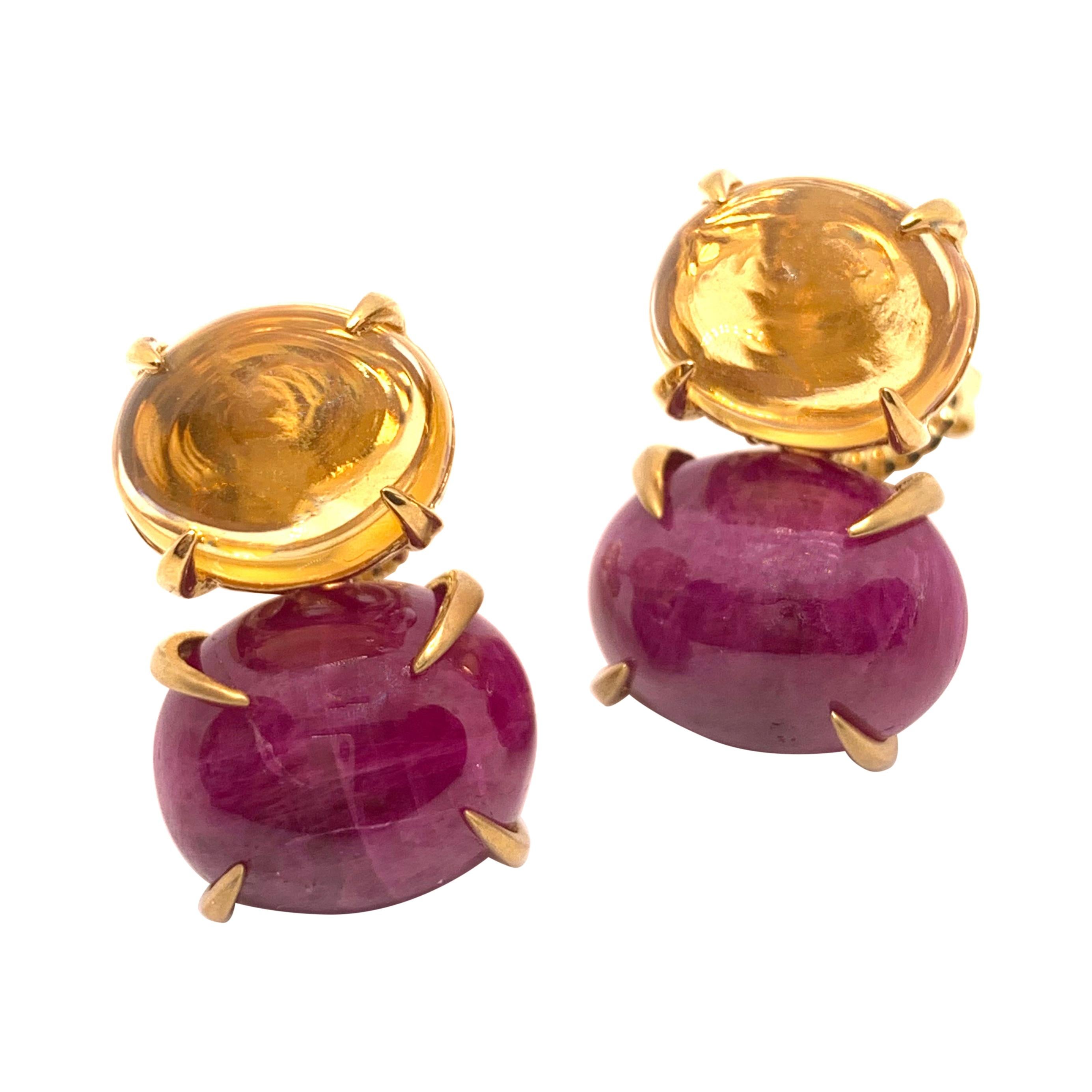 Bijoux Boucles d'oreilles Num double cabochon ovale en citrine et rubis