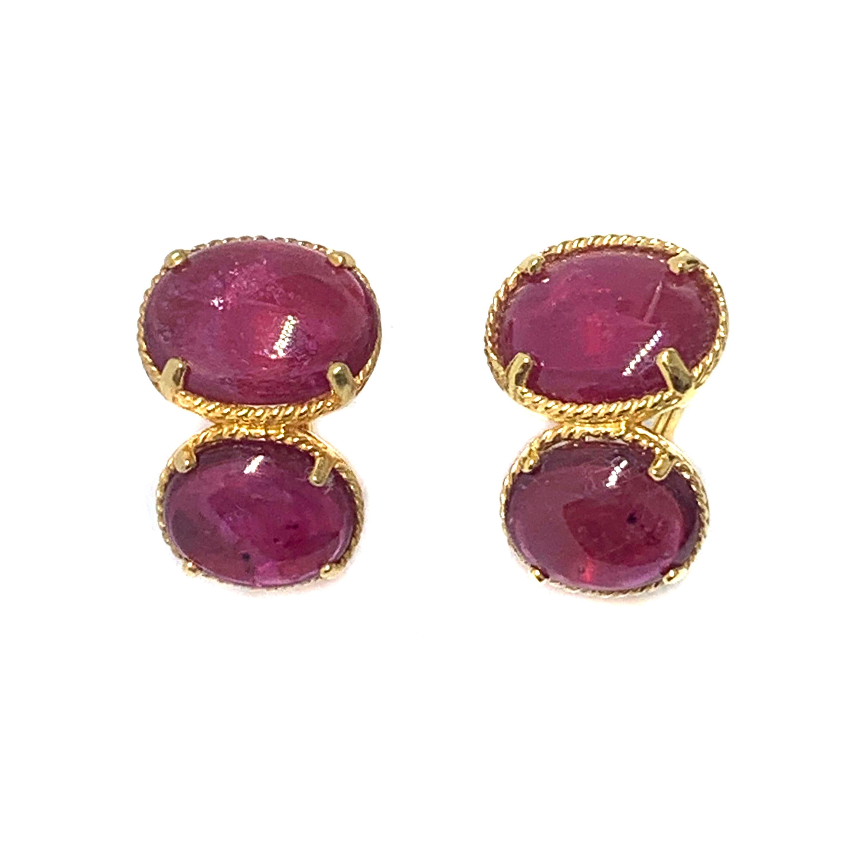 Stunning Bijoux Num Double Genuine Oval Ruby Vermeil Earrings. 
The earrings feature 4 beautiful pink-ish oval cabochon-cut ruby (18 carat total weight), handset in 18k gold vermeil over sterling silver.  Straight post back with omega clip backing.