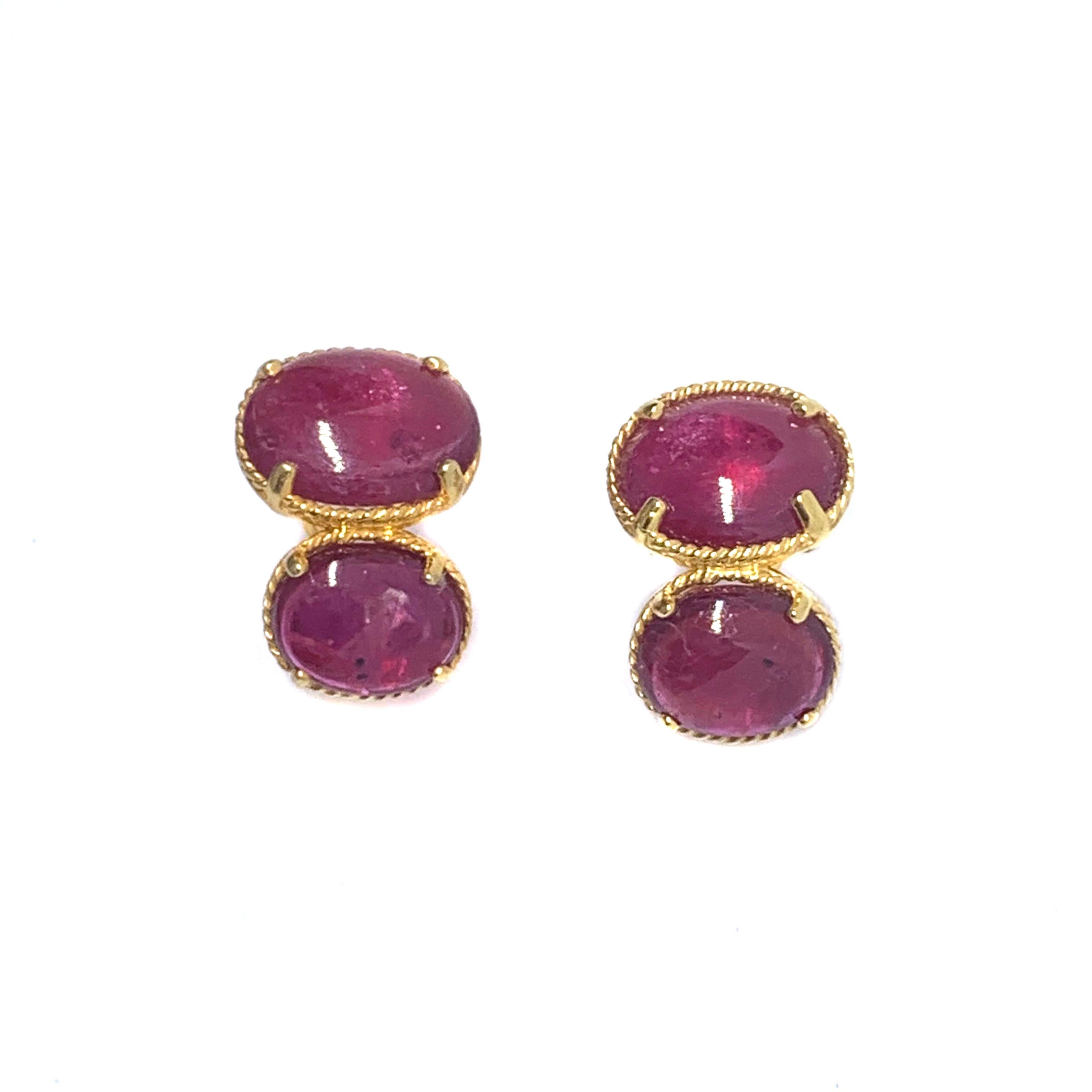 Double Oval Cabochon Genuine Ruby Earrings In New Condition In Los Angeles, CA