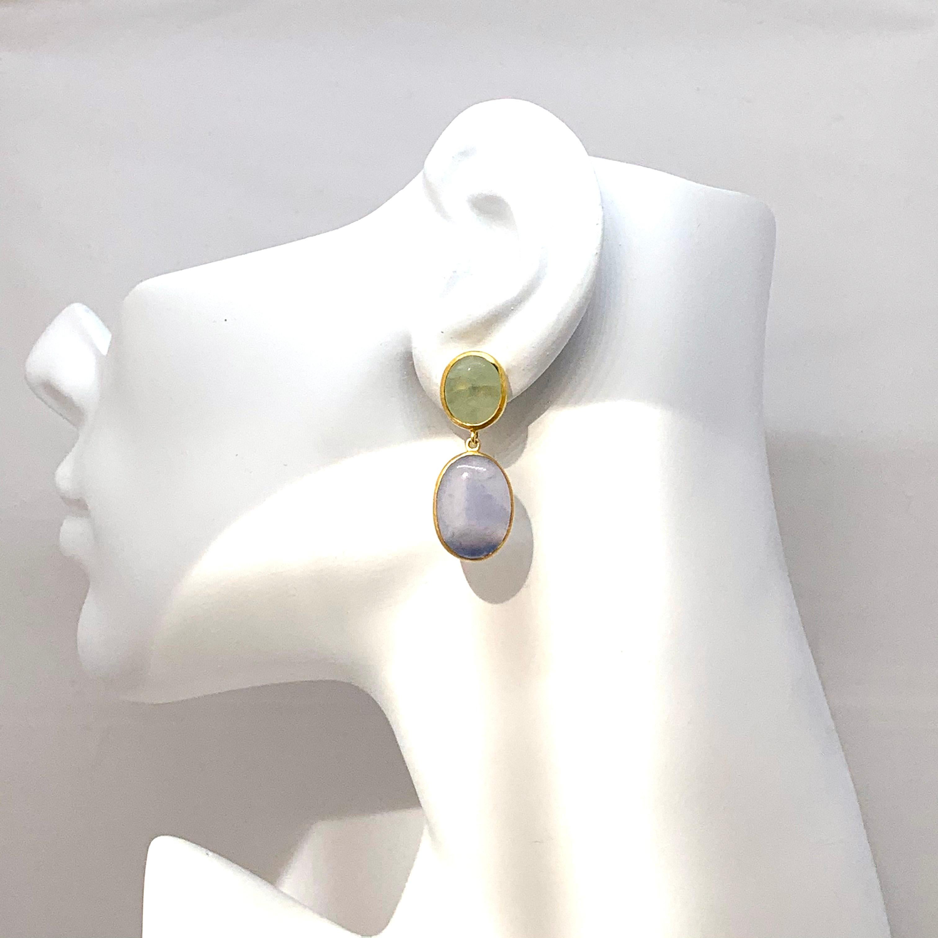Contemporary Bijoux Num Double Oval Prehnite and Chalcedony Vermeil Drop Earrings For Sale