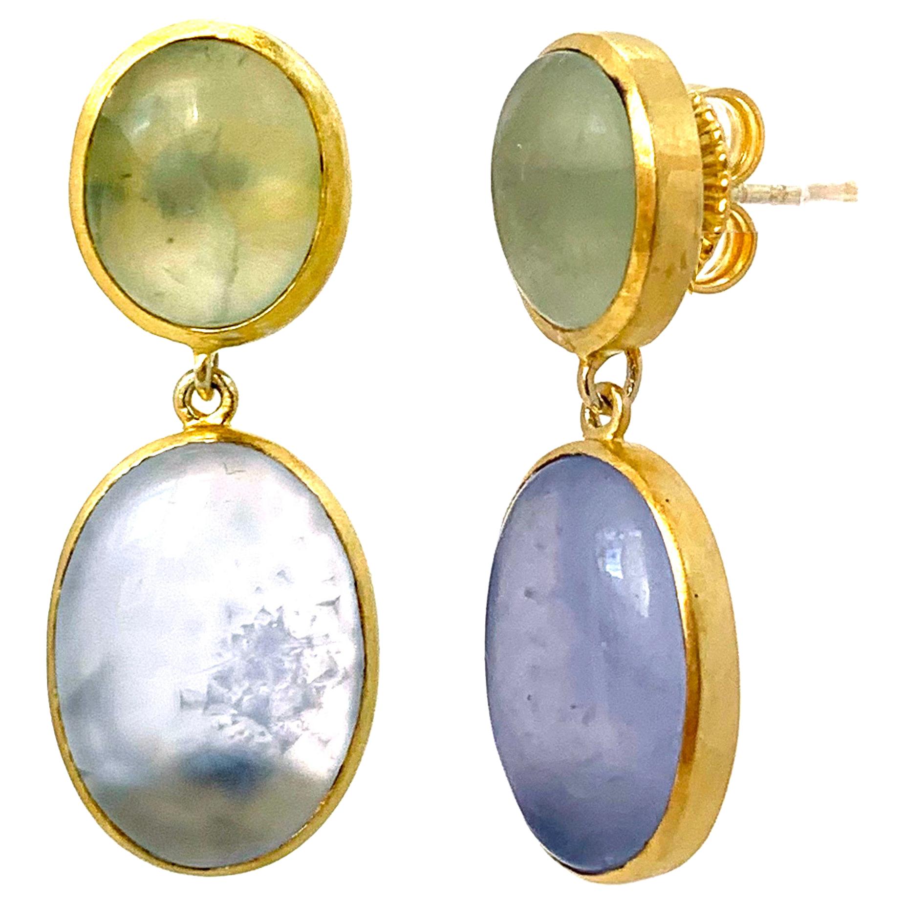 Bijoux Num Double Oval Prehnite and Chalcedony Vermeil Drop Earrings For Sale