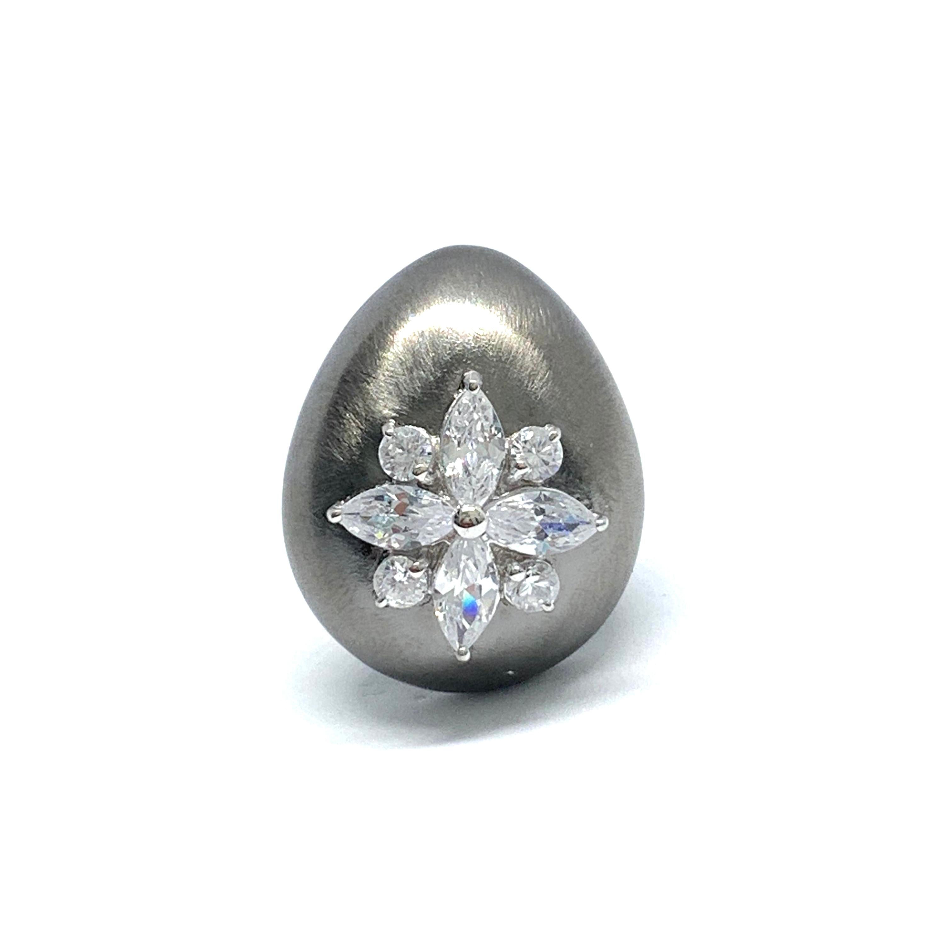 Artisan Egg-shape Marquis Faux Diamond  Flower Clip-on Black Rhodium Earrings