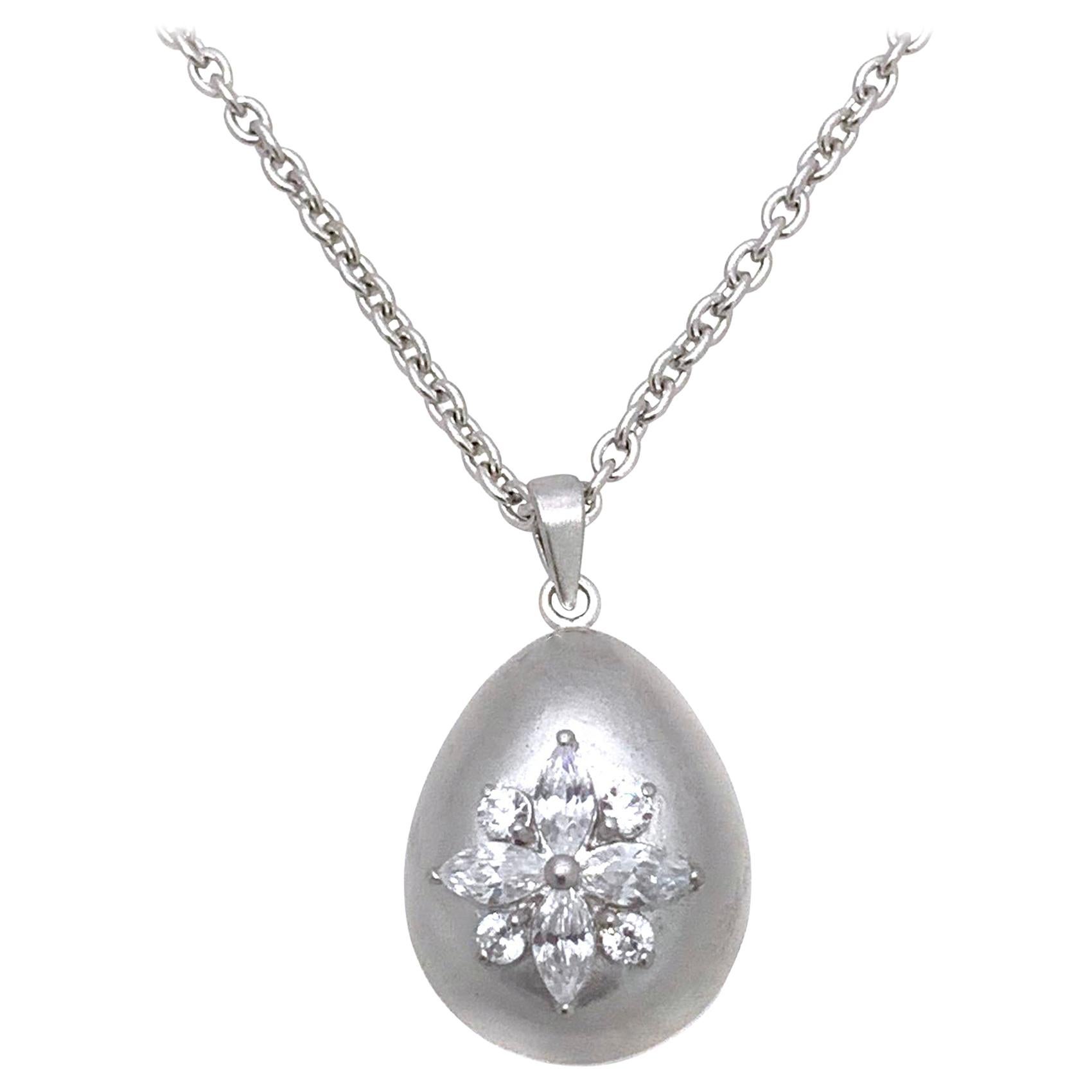 Egg-shape Marquis Flower Sterling Silver Pendant Necklace