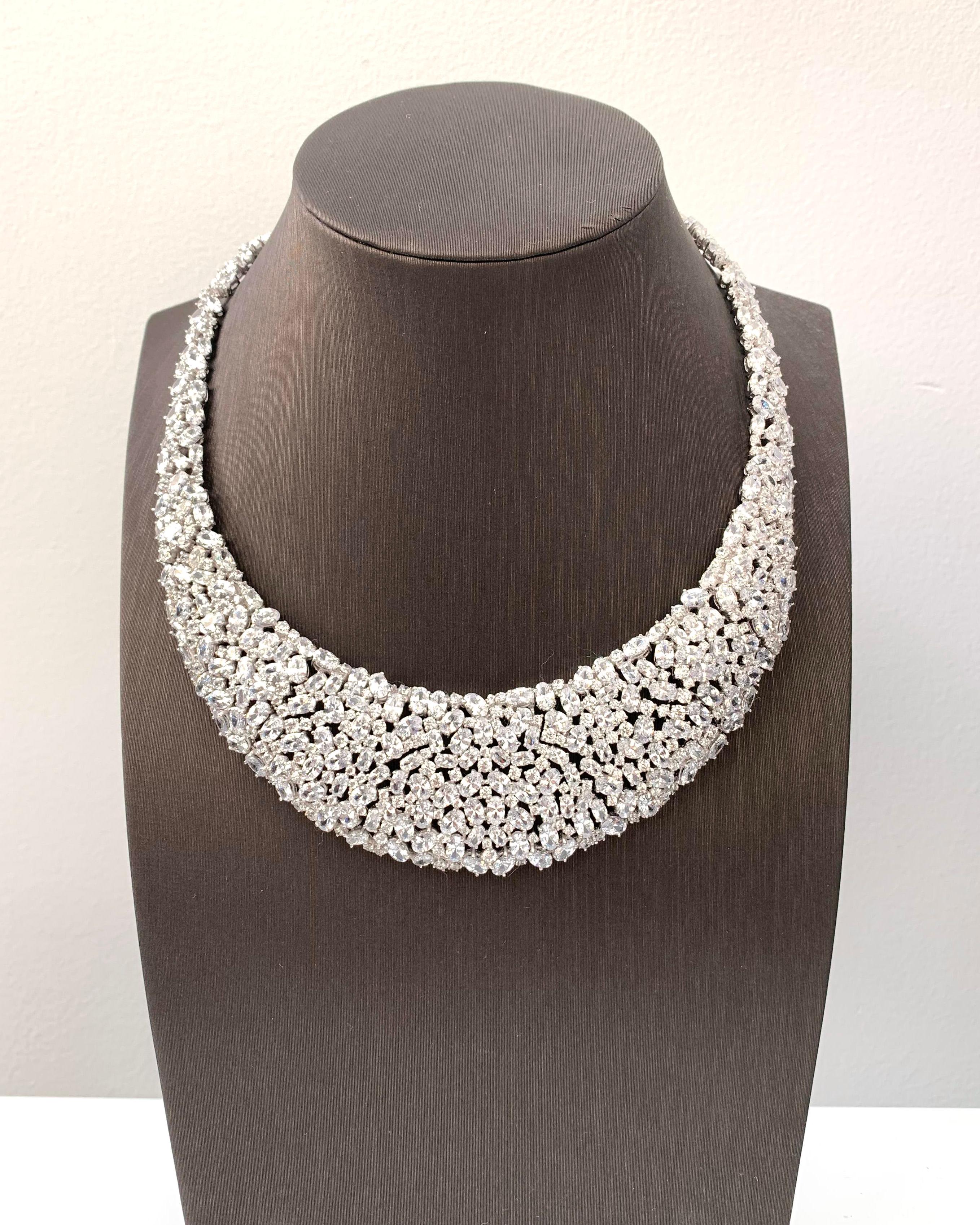 Contemporary Bijoux Num Elegant Clustered Cubic Zirconia Sterling Silver Bib Necklace