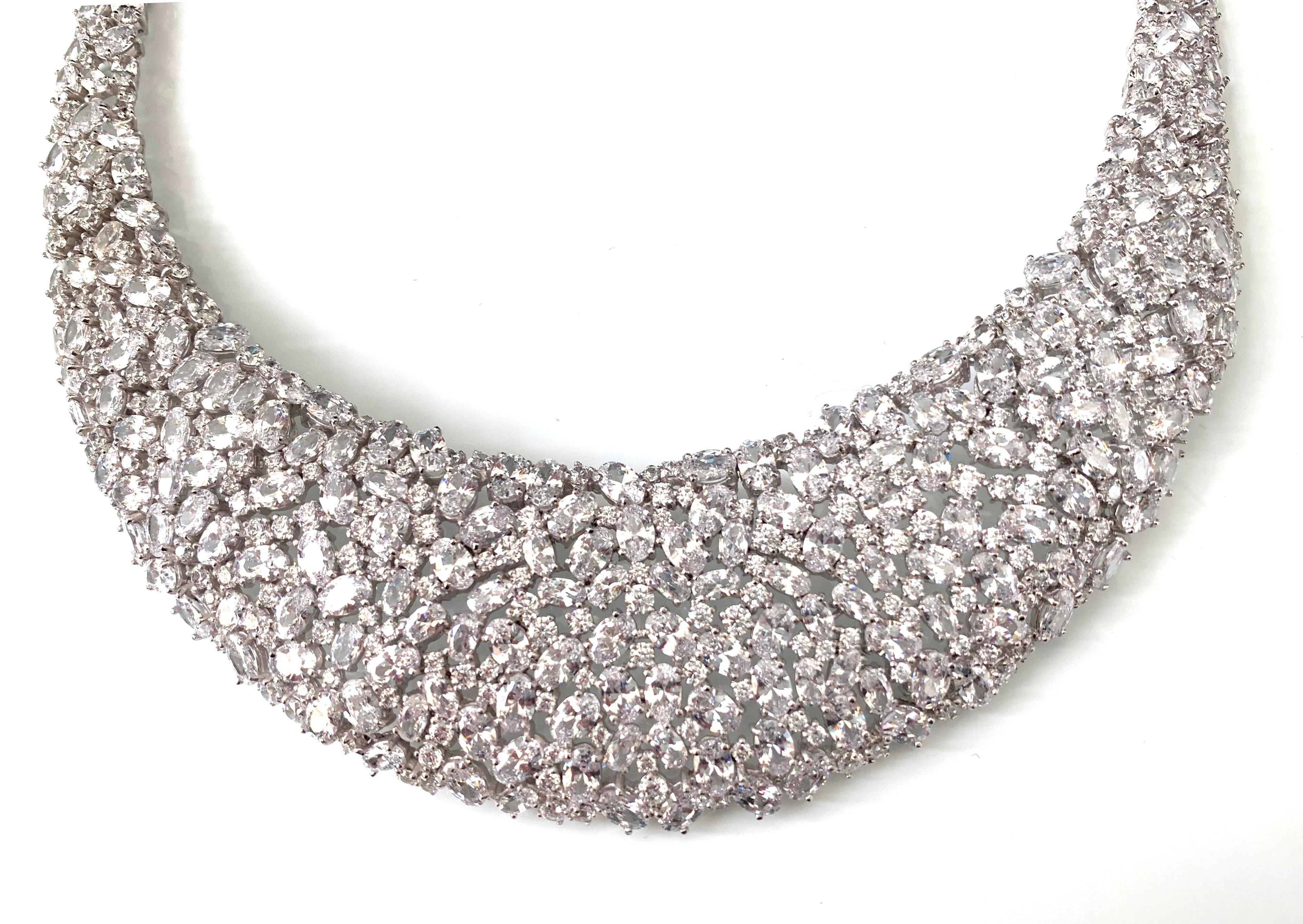 Women's Bijoux Num Elegant Clustered Cubic Zirconia Sterling Silver Bib Necklace
