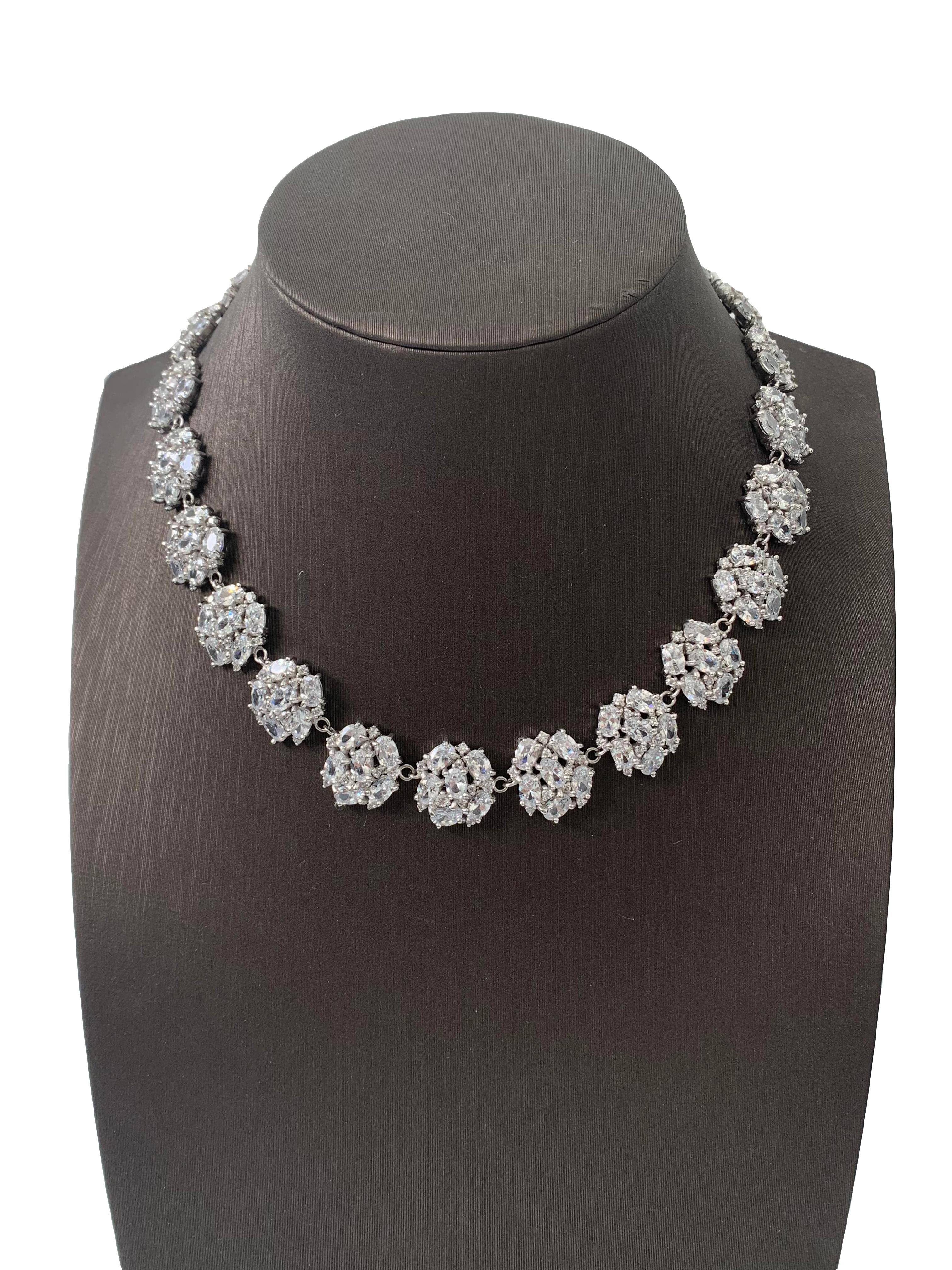 Elegant Clustered Faux Diamond CZ Sterling Silver Link Necklace. 300 pieces of Oval and Round Cubic Zirconia individually handset in platinum rhodium plated sterling silver. The necklace is approx 0.5