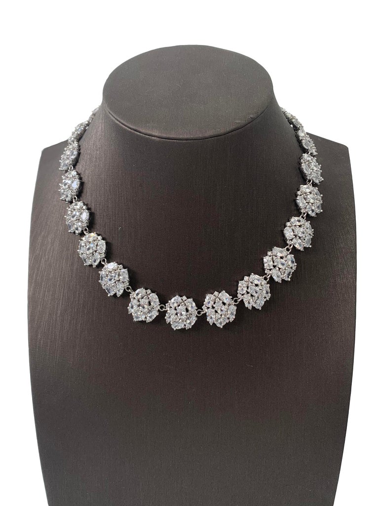 Bijoux Num Elegant Clustered Faux Diamond Sterling Silver Link Necklace