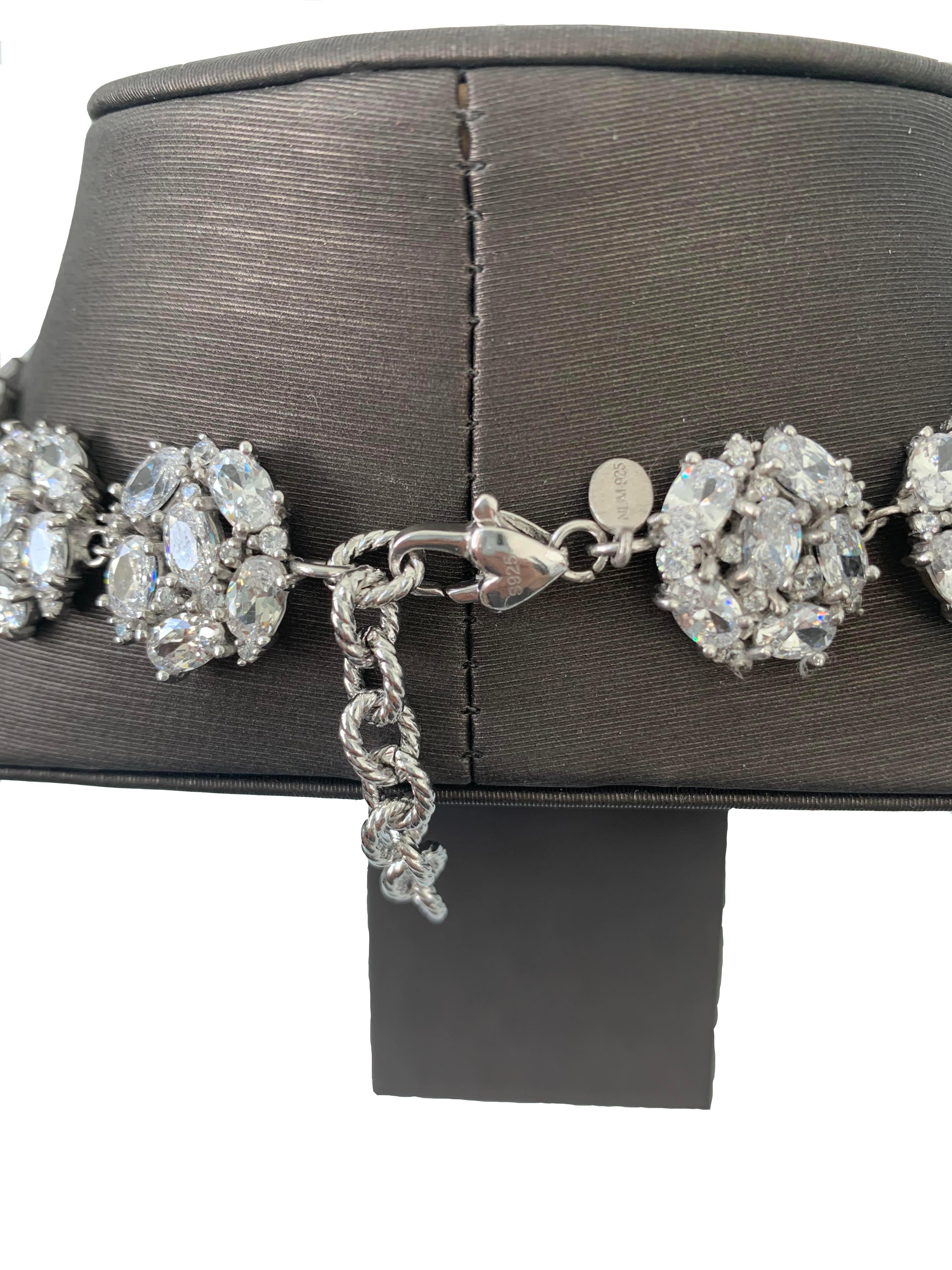 Oval Cut Bijoux Num Elegant Clustered Faux Diamond Sterling Silver Link Necklace For Sale